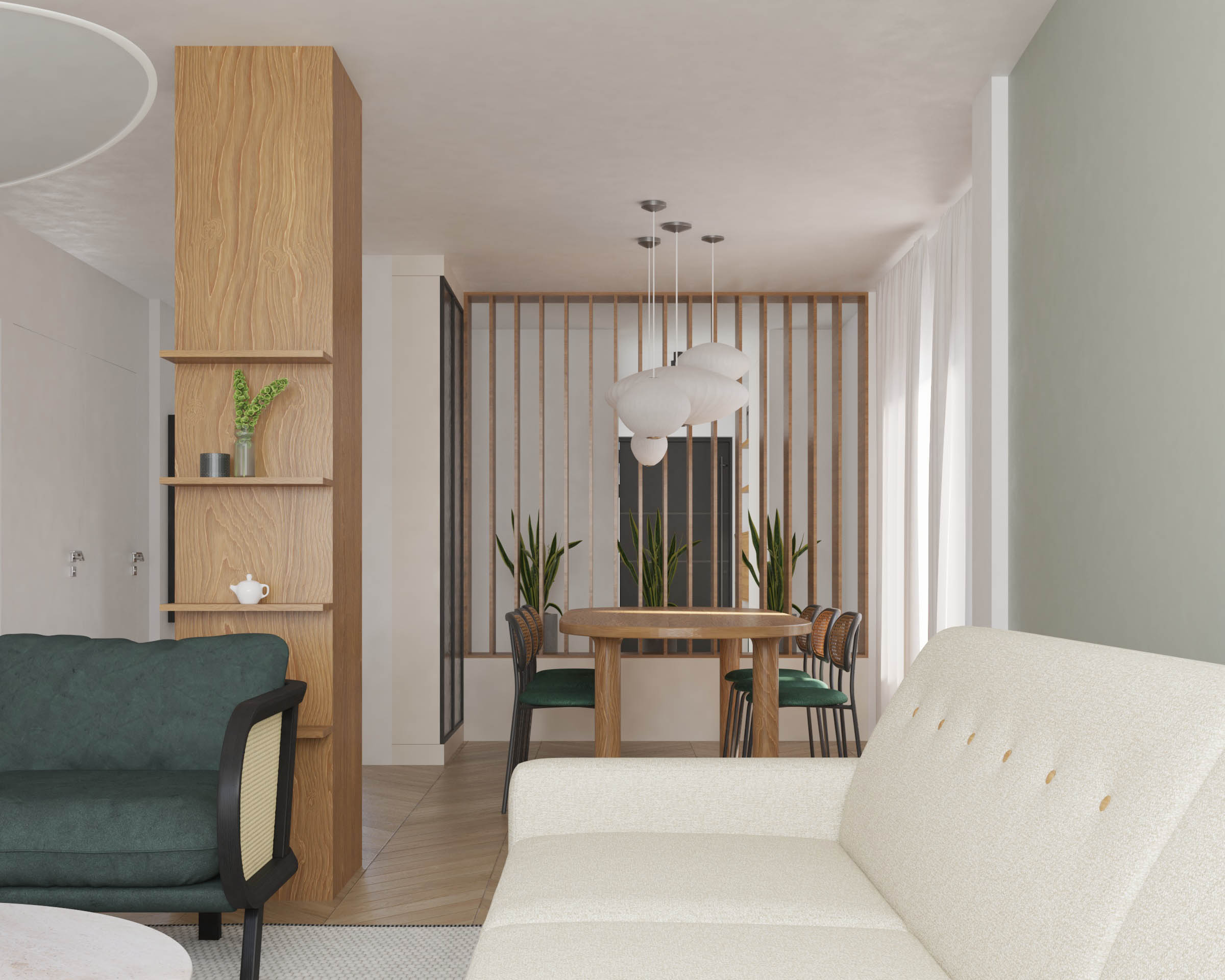 Uma renderização 3D fotorrealista de uma sala de jantar e sala de estar modernas, com tons quentes de madeira e móveis contemporâneos.