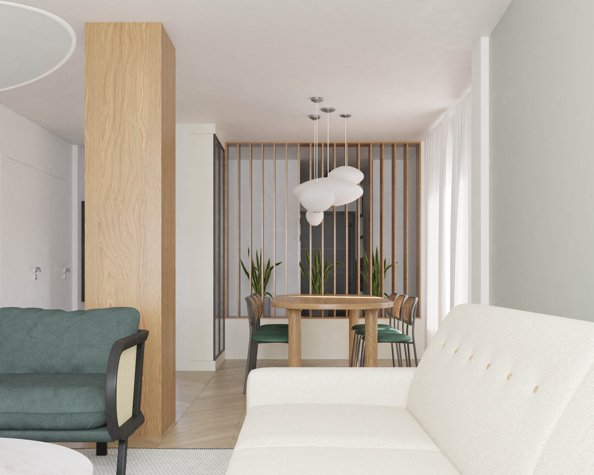 An early-stage 3D visualization of a modern interior, showing a living and dining area with minimalist styling.