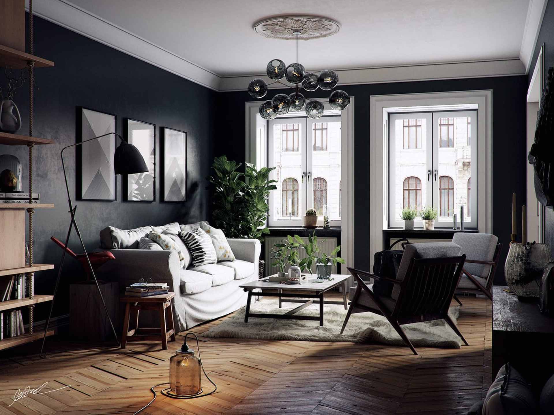 Modern living room 3D furniture rendering with sofa, armchairs, coffee table, and natural light.