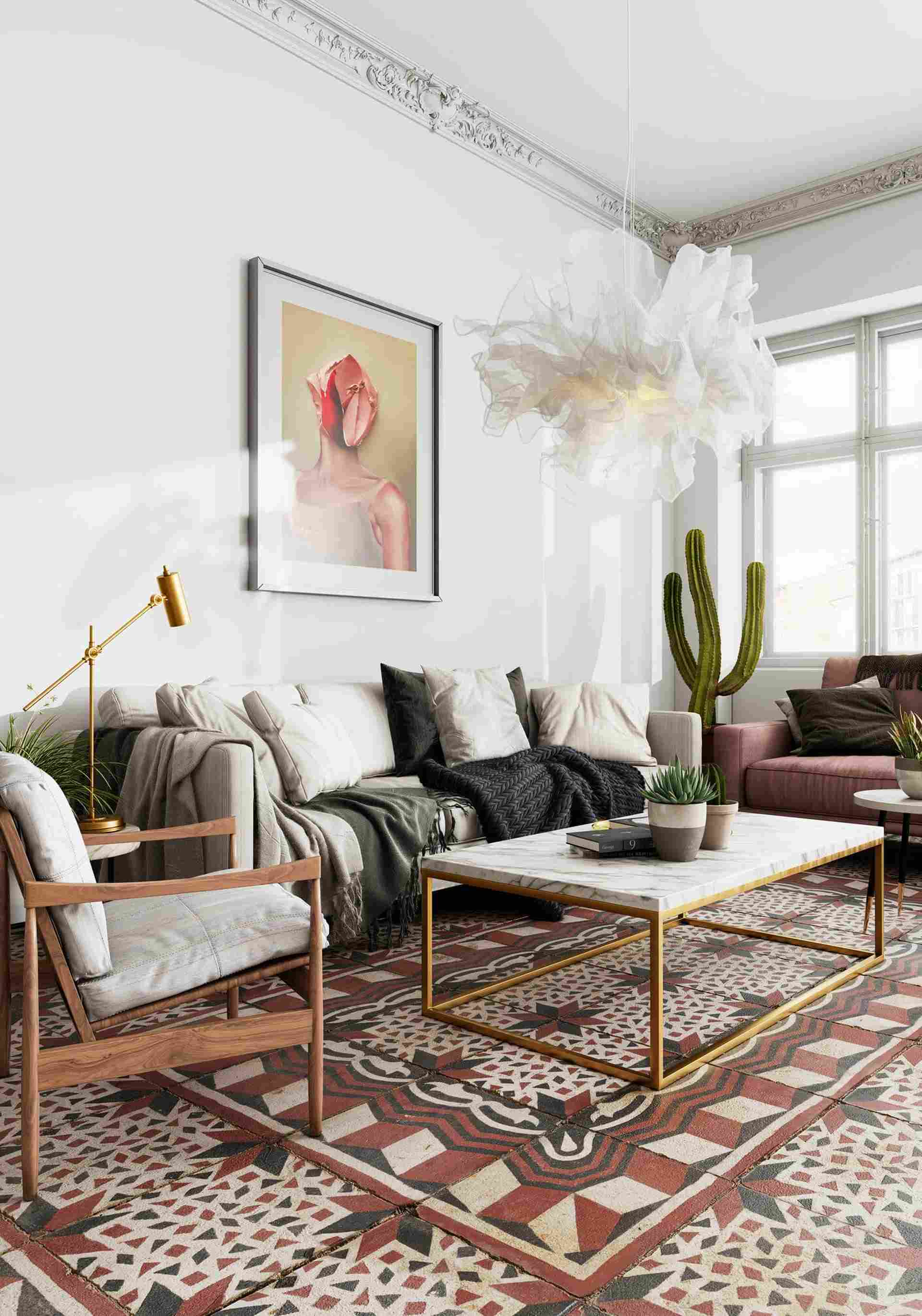 Scandinavian living room 3D furniture rendering with patterned rug, sofa, and modern decor.