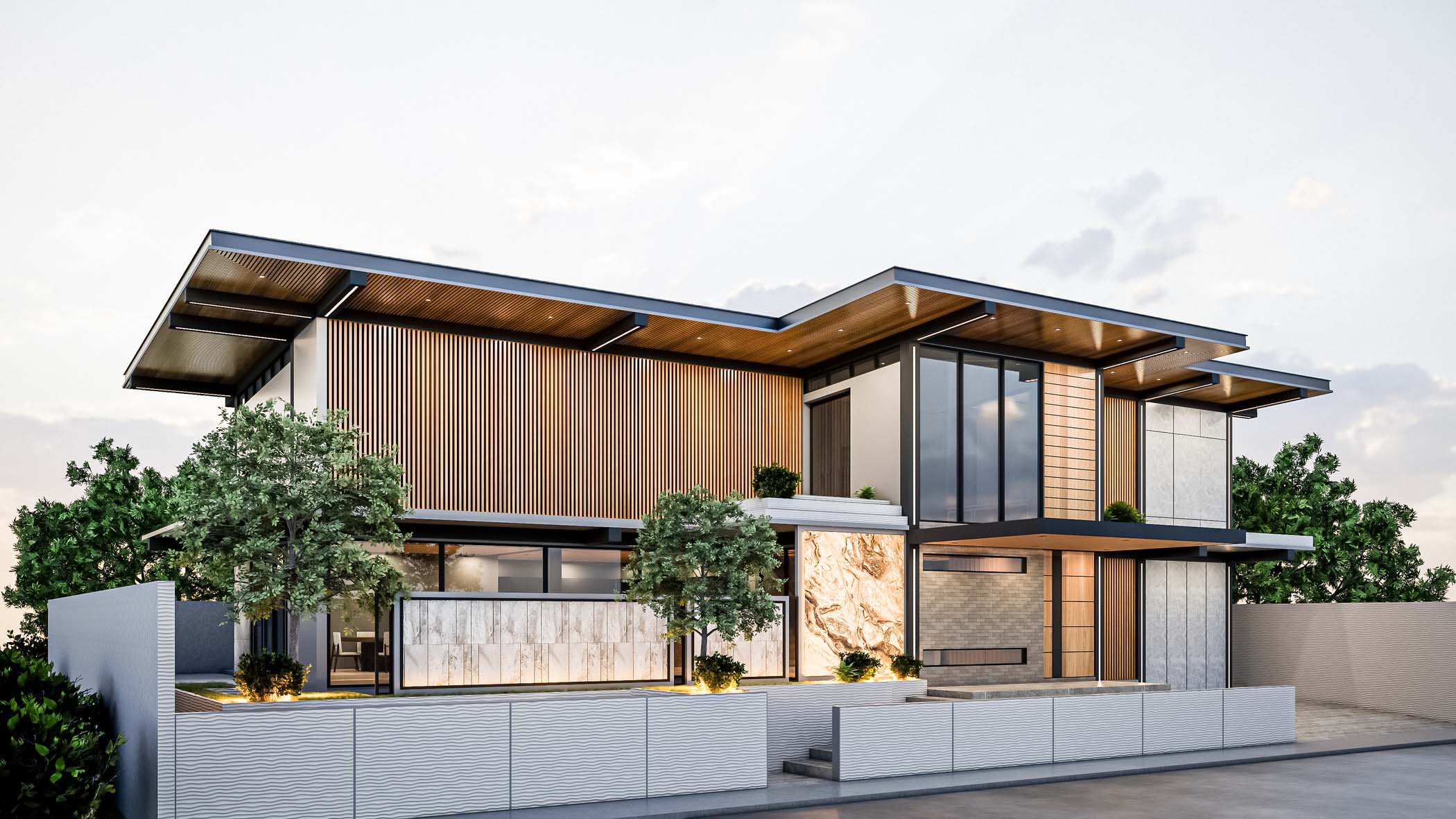Enscape render of a modern residential facade with timber cladding, stone accents, and large glass windows.