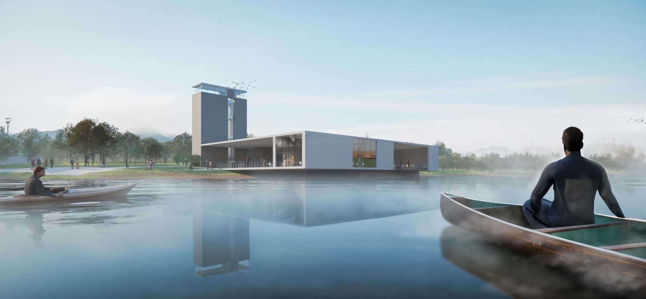 Enscape render of a minimalist lakeside building viewed from the water, with people canoeing nearby.