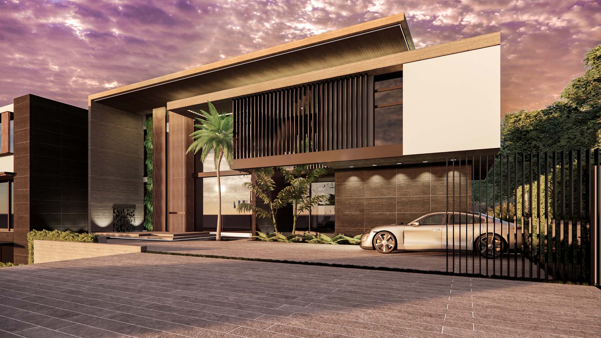 Enscape render of a luxury modern villa with dramatic cantilevered roof, palm trees, and evening lighting.