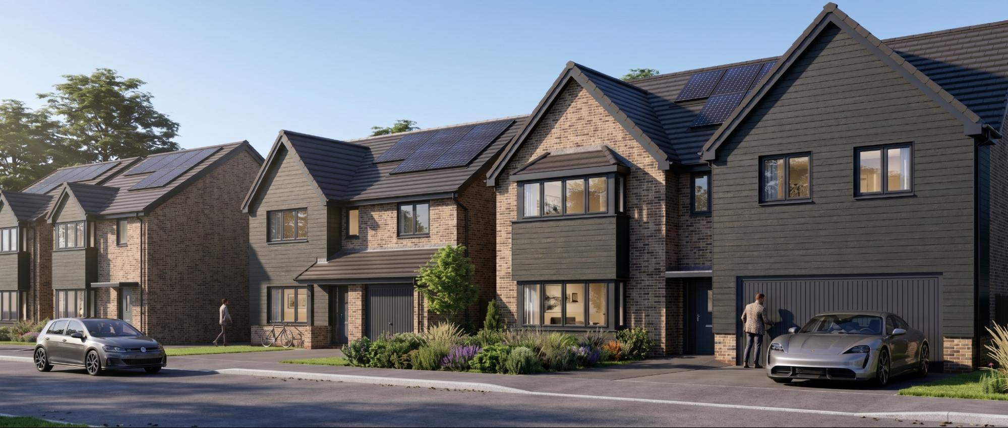 Renderização da Veras AI de casas suburbanas com painéis solares, estações de recarga para veículos elétricos e jardins frontais bem cuidados.
