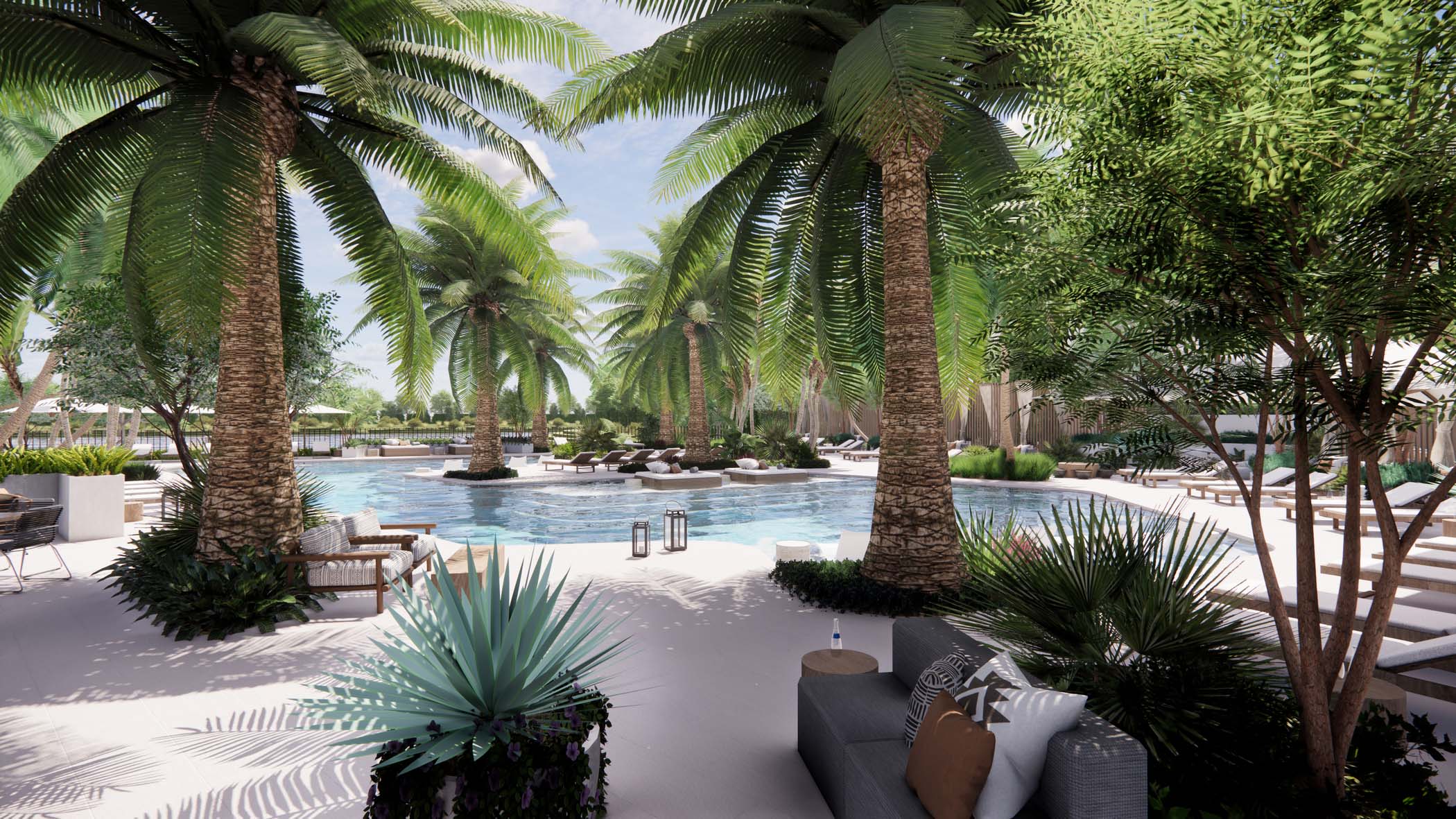 Enscape render of a resort-style outdoor pool surrounded by palm trees, loungers, and lush landscaping.