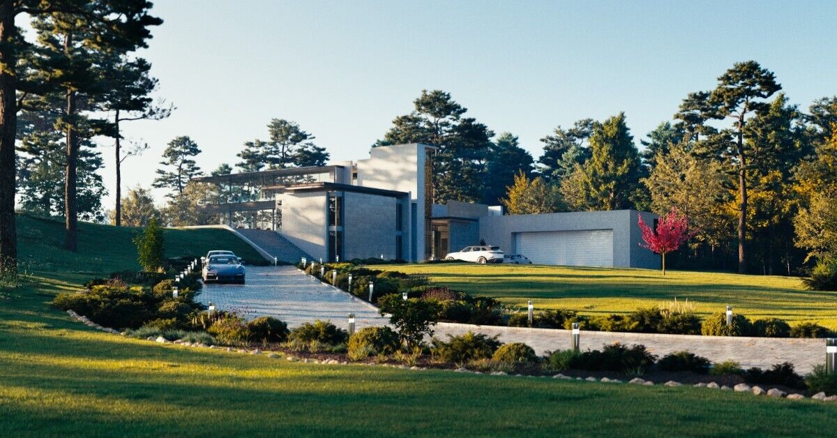 Renderização de uma casa moderna com gramado