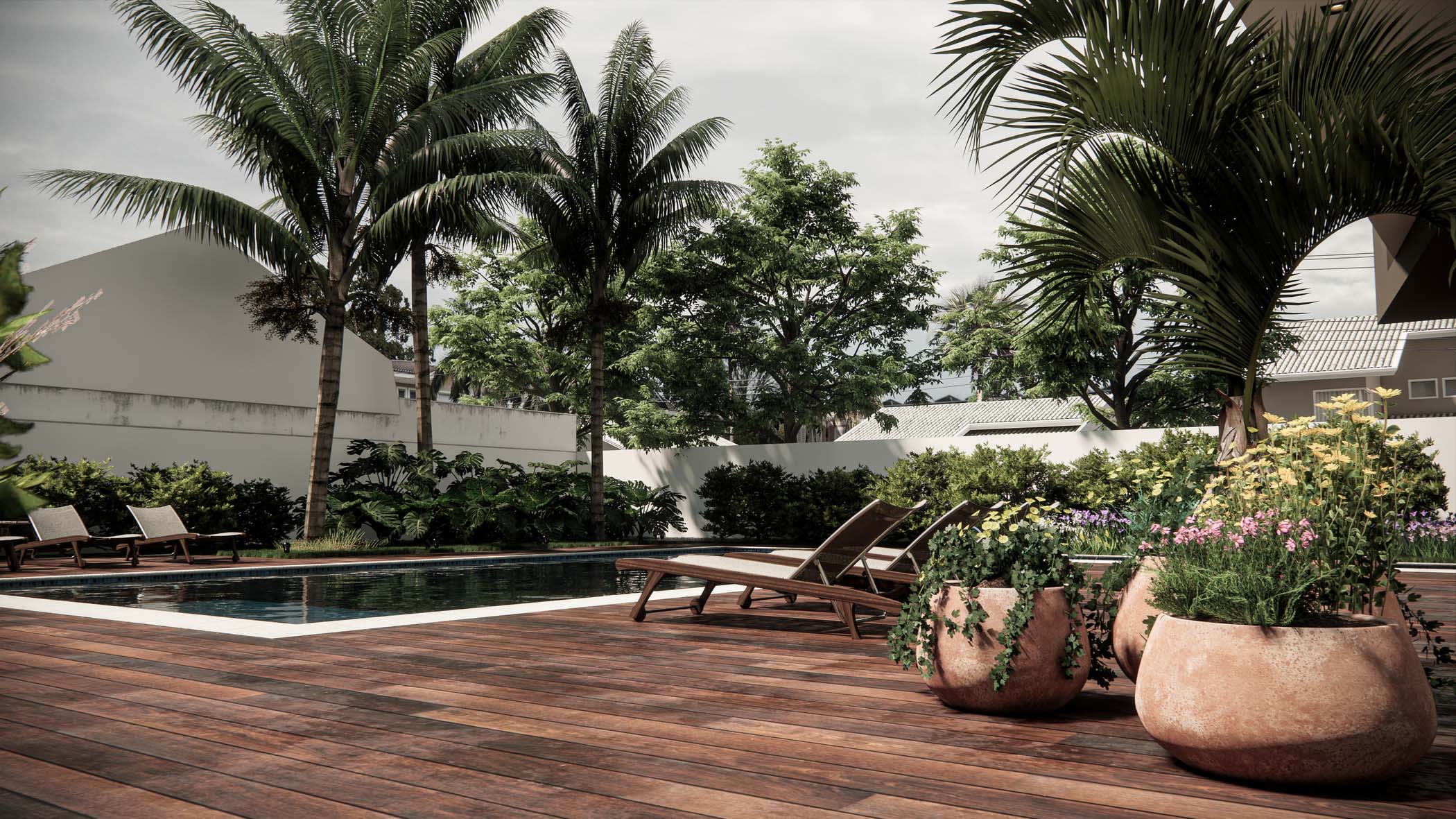 Enscape render of a modern backyard pool with wooden deck, lounge chairs, palm trees, and landscaped planters.