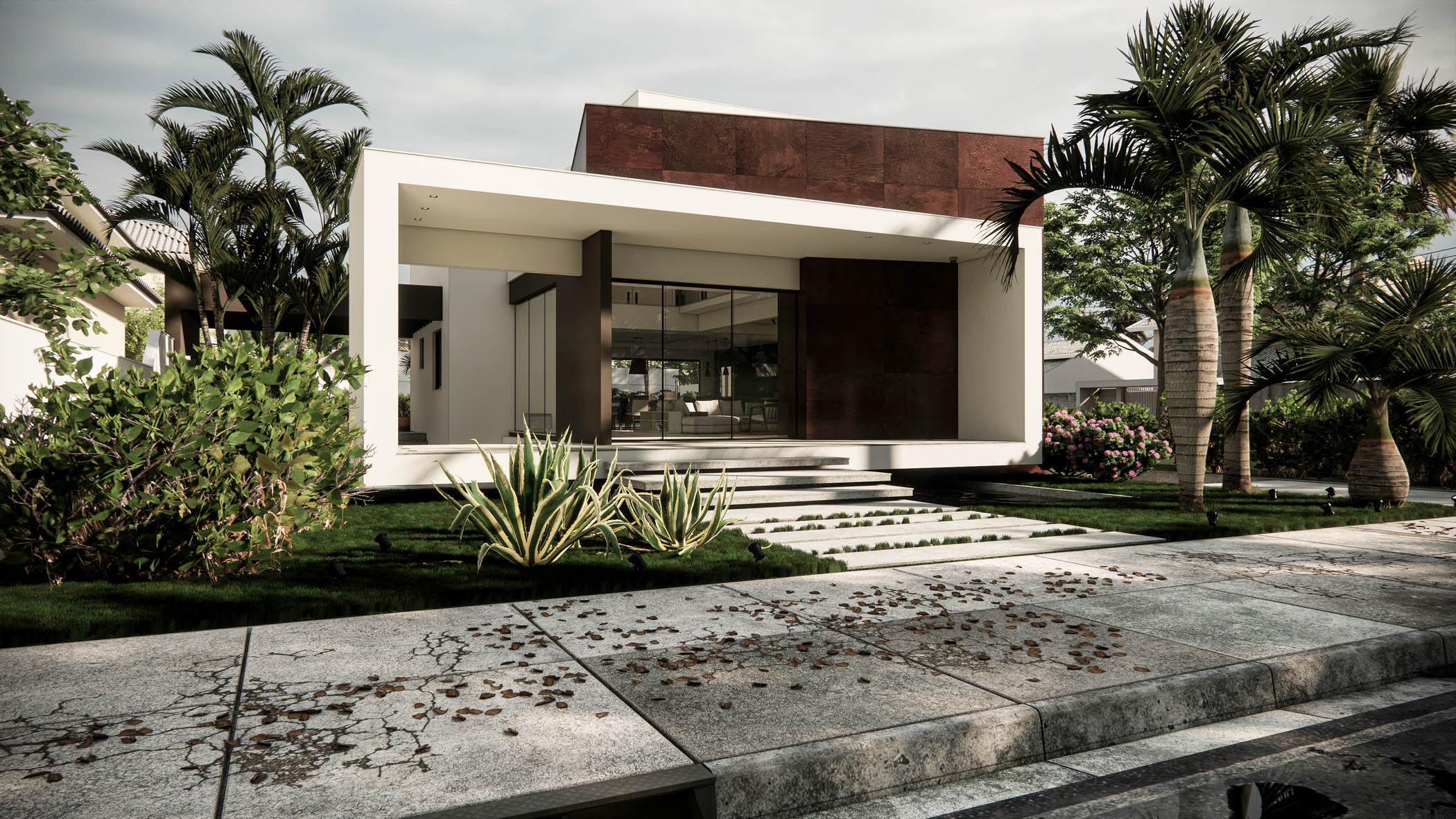 Enscape render of a minimalist white modern house with clean lines, tropical landscaping, and front walkway.