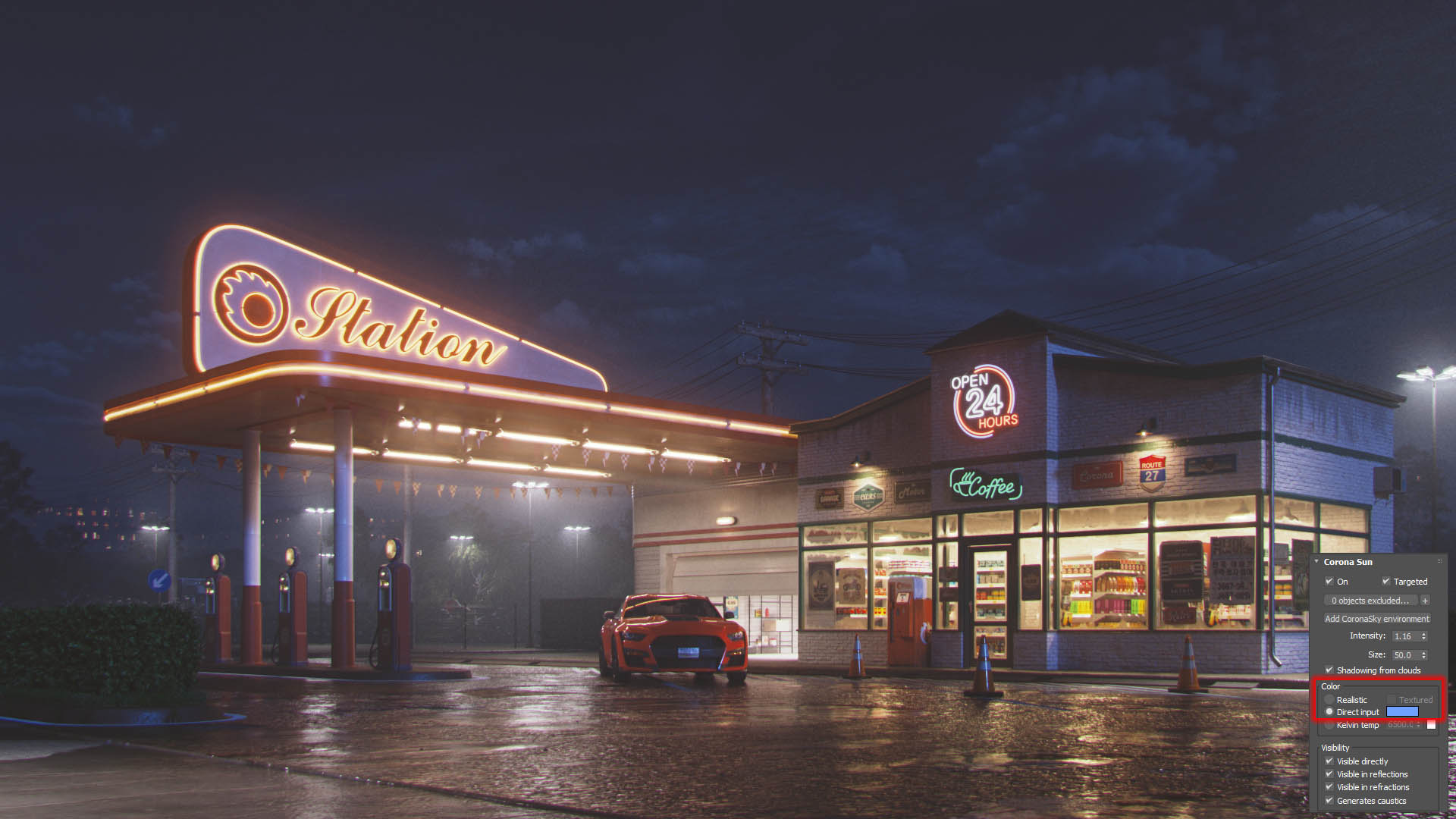 Realistic nighttime rendering of a retro gas station with neon signage and a parked sports car.