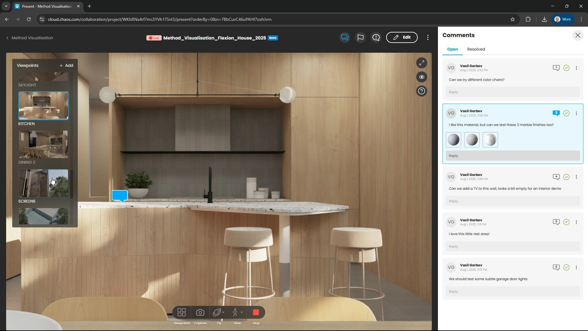 Chaos Cloud interface showing a kitchen render with modern wood cabinets, and a sidebar for user comments.
