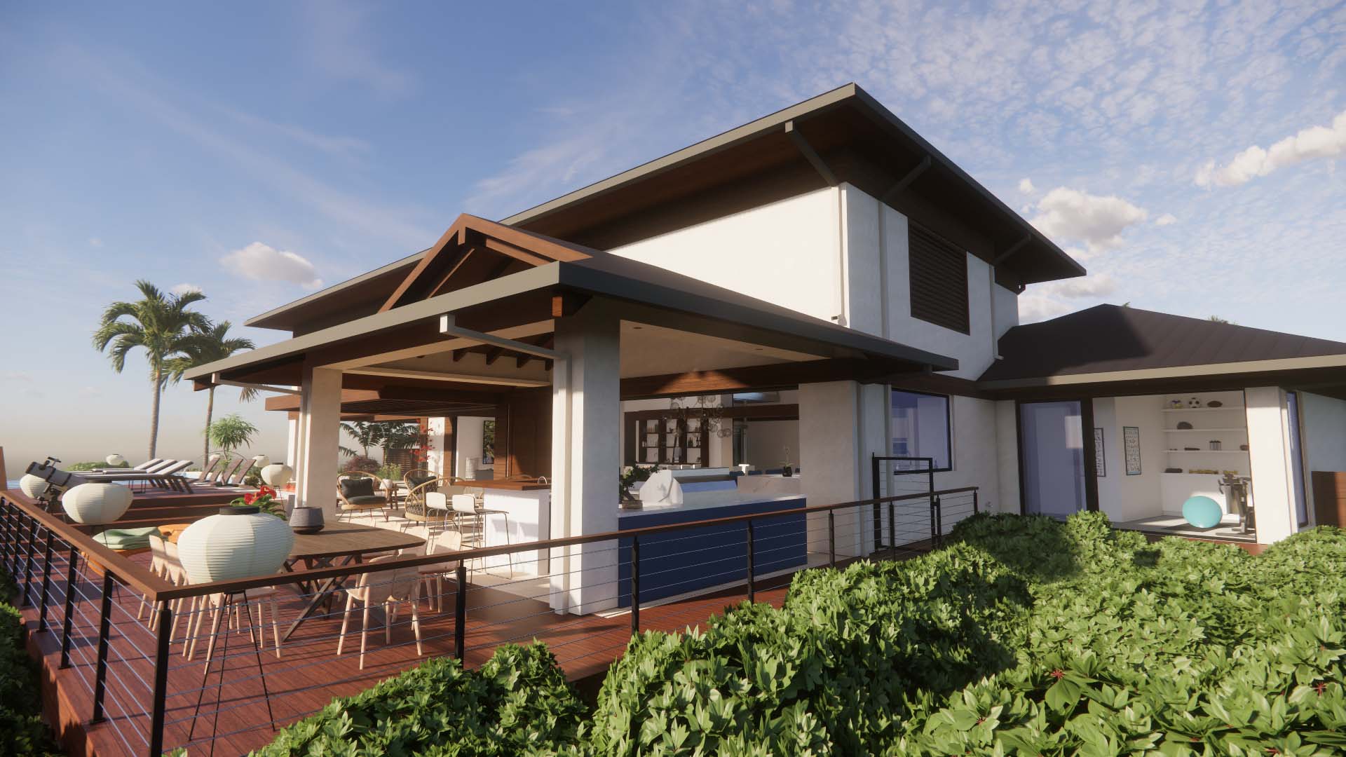 Enscape render of a contemporary outdoor living space with covered terrace, dining area, and seamless indoor-outdoor design.