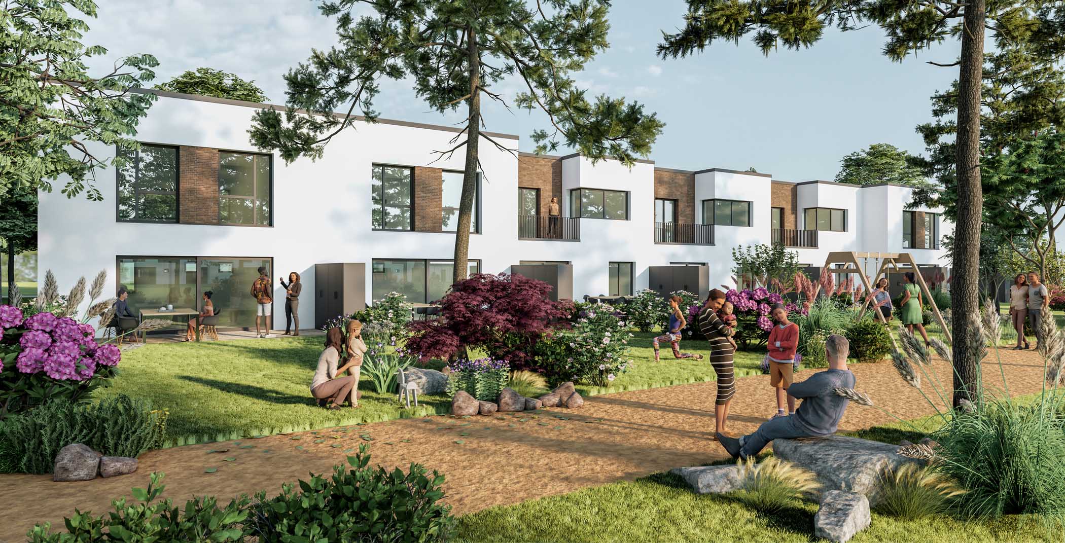 Enscape render of a residential townhouses with shared green space and families socializing outdoors.