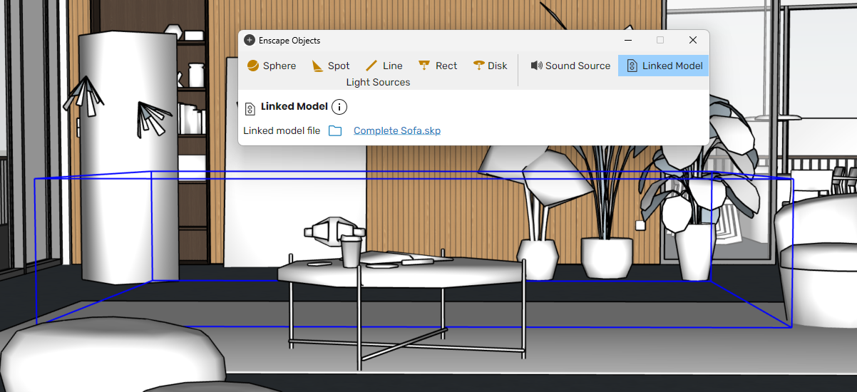 SketchUp view of sofa linked as an external model file in Enscape Objects panel.