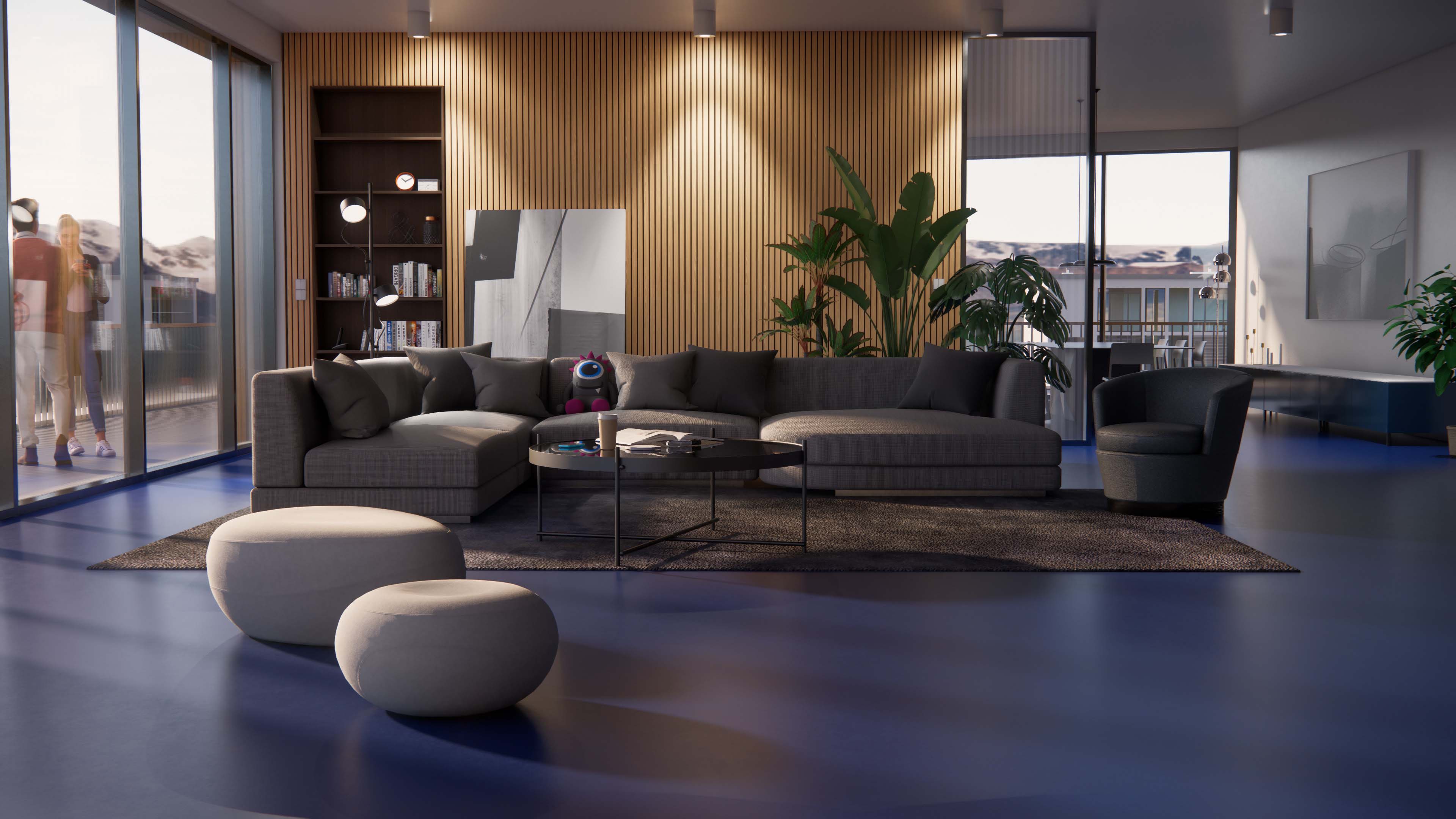 Enscape render of a bright modern living room with sofa and plants, showing realistic lighting.