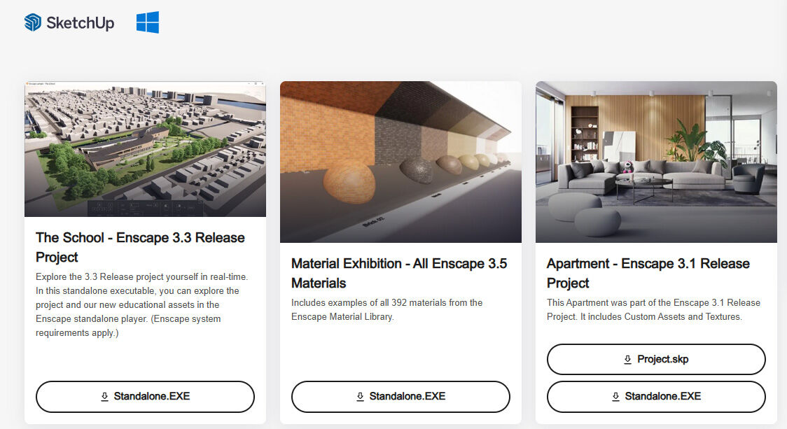 Screenshot of Enscape SketchUp projects showing The School, Material Exhibition, and Apartment releases.