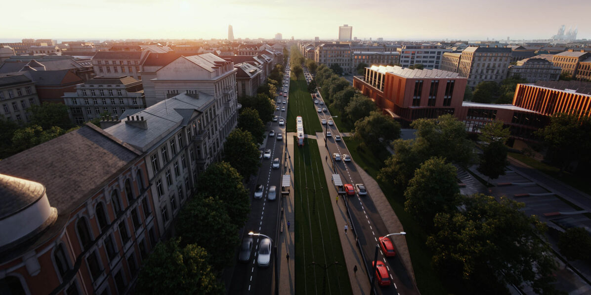Chaos rendering of an urban sunset scene with tram, cars, and pedestrians along a tree-lined boulevard in a European-style cityscape.