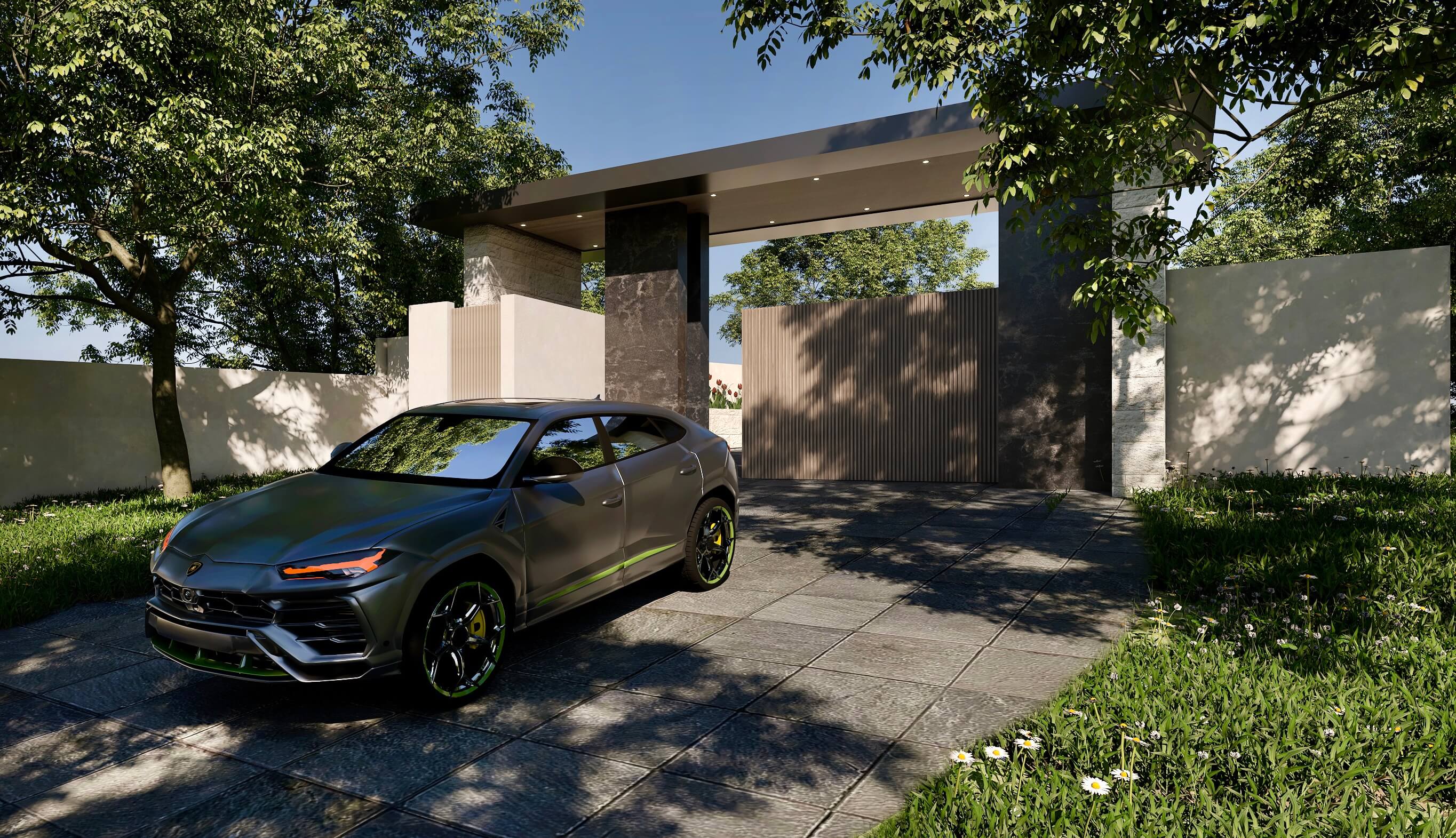 V-Ray landscape visualization: contemporary stone-and-wood gate, driveway paving, and parked performance car