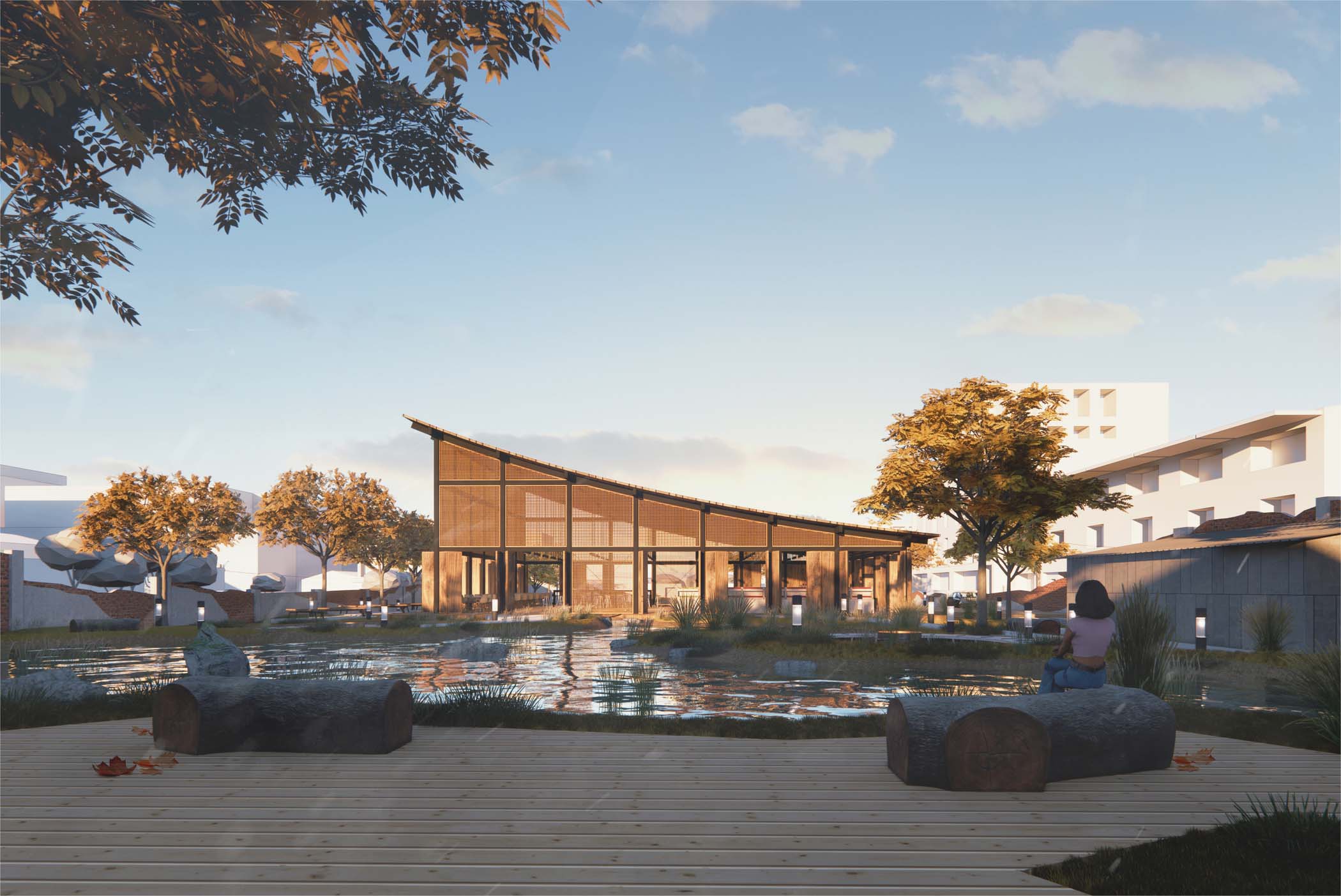 Enscape render of a modern pavilion beside a reflective water feature with seating and trees.