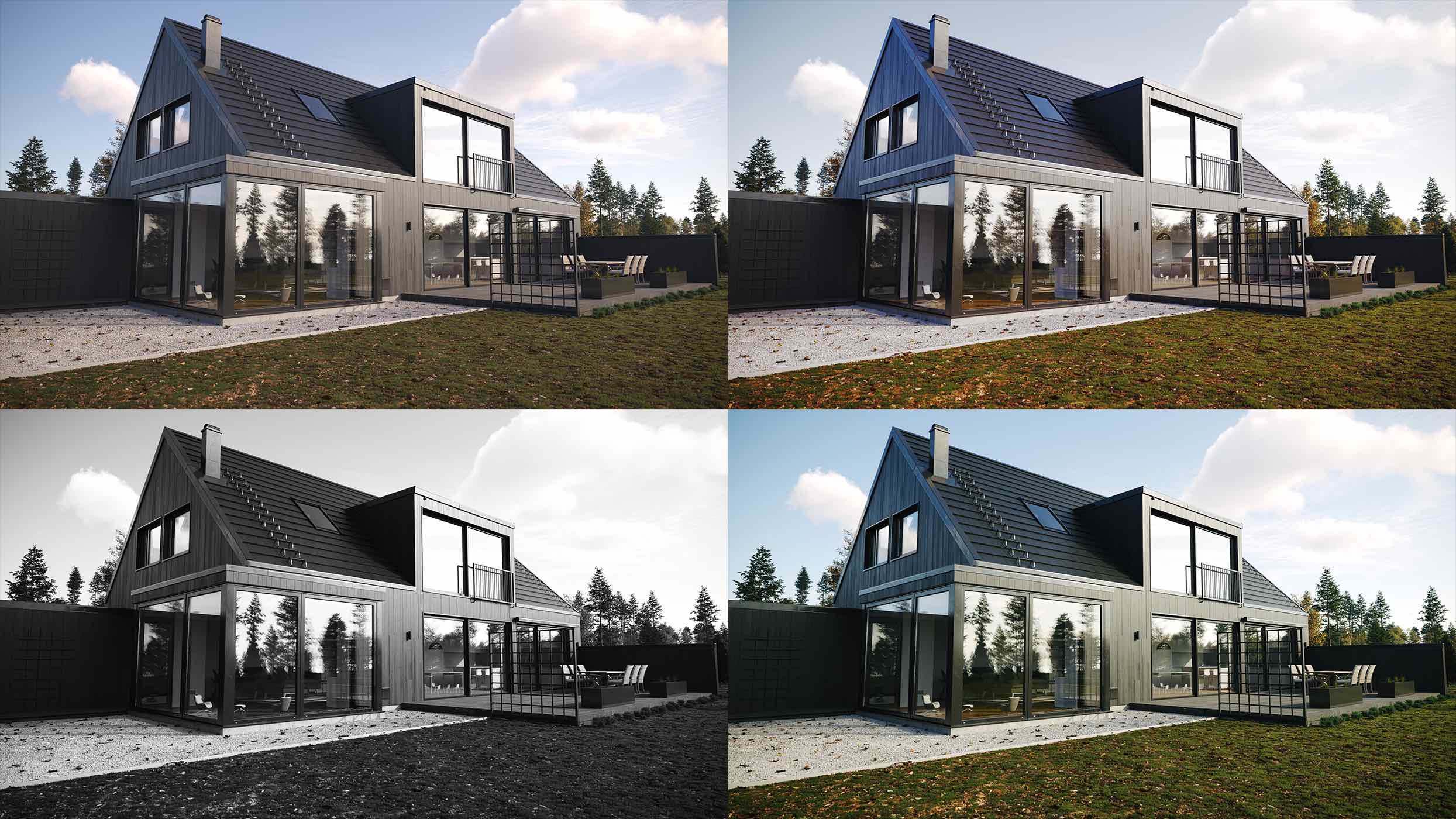 Four render variations of a house exterior using different LUTs and styles in Corona Render.