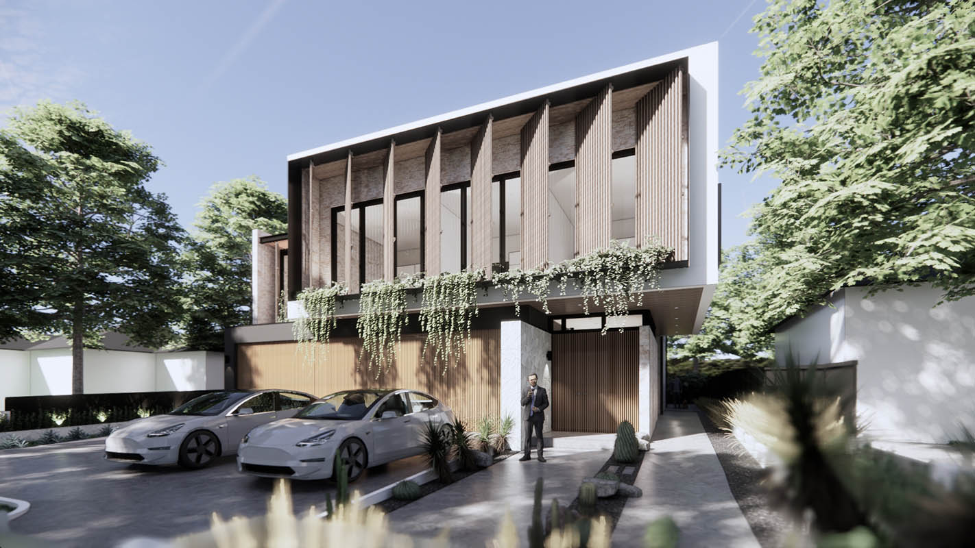 Enscape render of a contemporary apartment building with vertical wood elements, greenery, and parked electric cars.