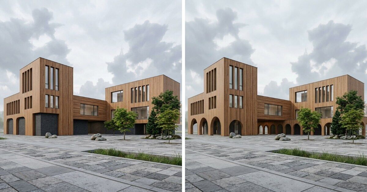 Side-by-side comparison of AI-generated architectural renderings showing facade variations with timber cladding and arched ground floor openings.
