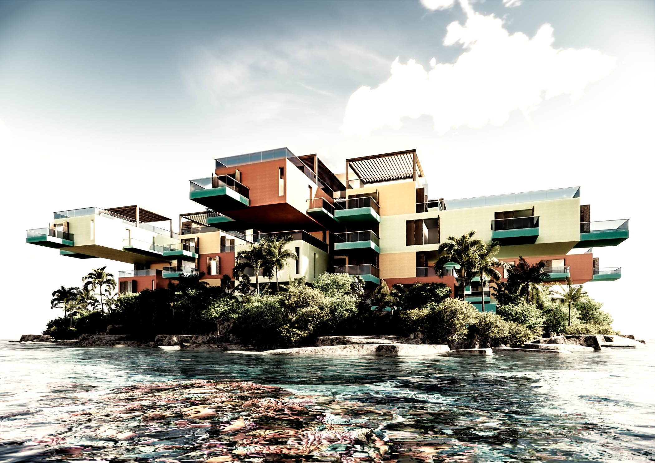 Enscape render of a colorful waterfront residential complex with balconies overlooking the ocean.