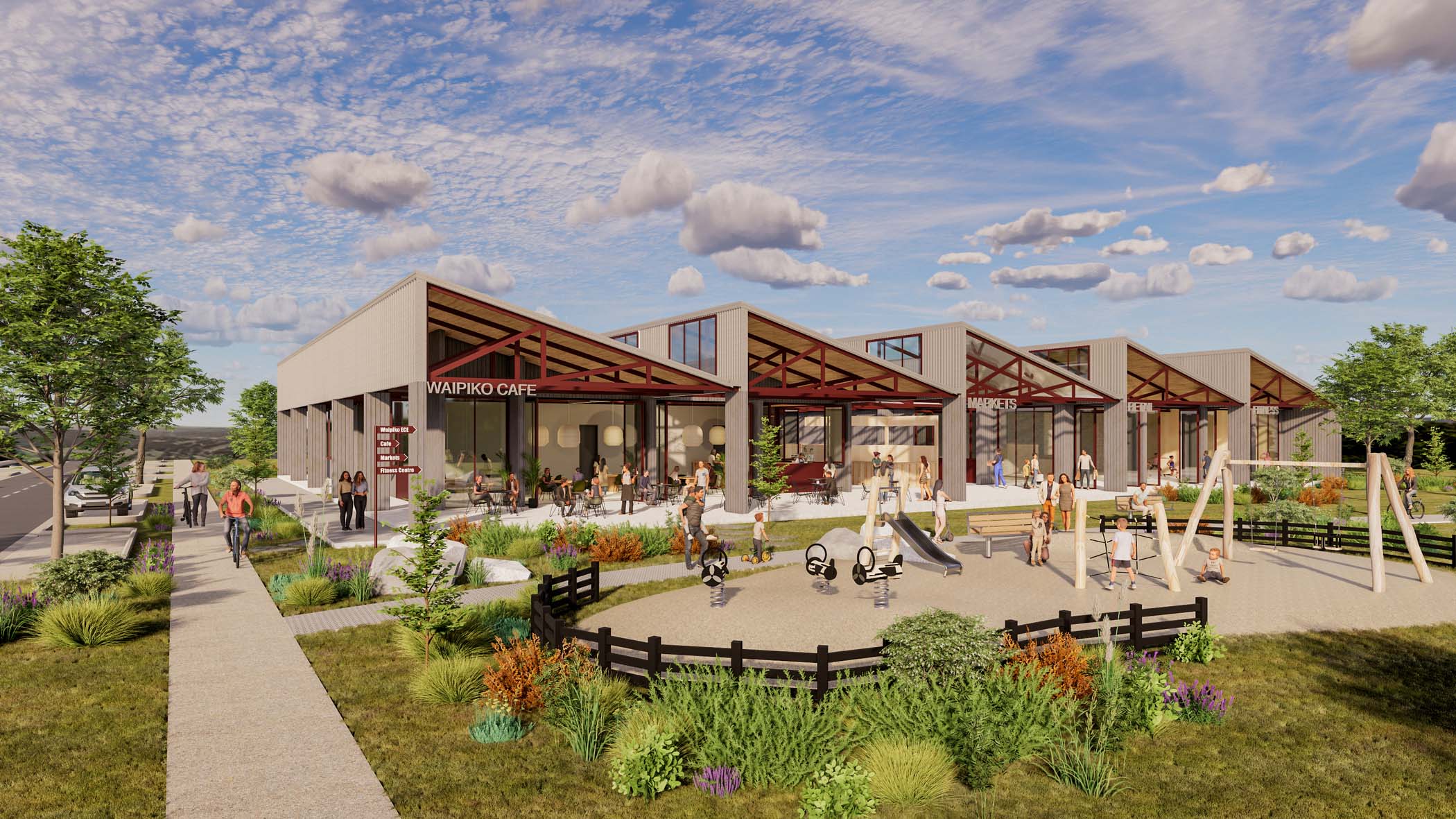 Enscape render of a mixed-use community hub with café, shops, playground, and public plaza.