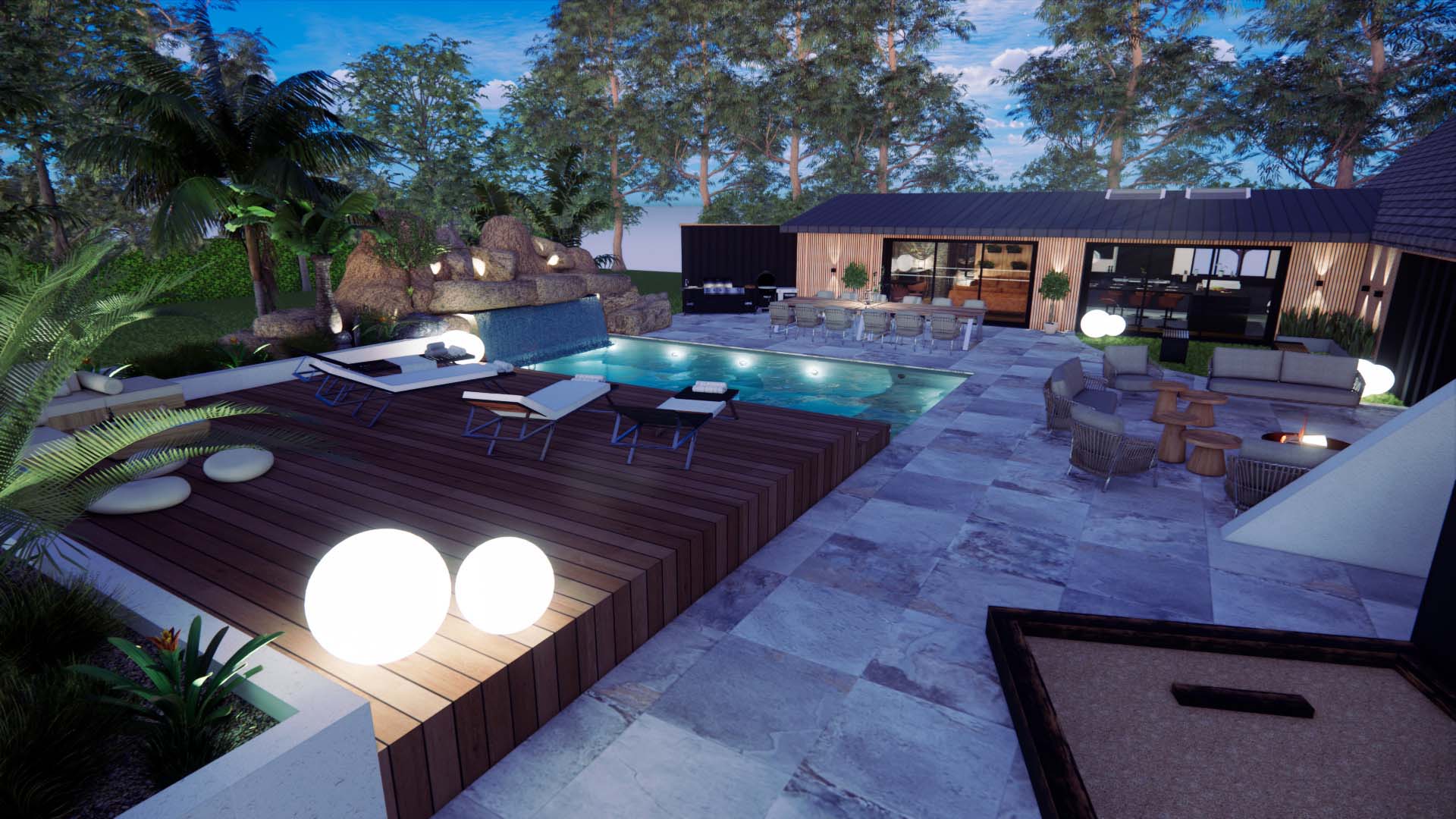 Enscape render of a modern backyard with pool, deck chairs, outdoor dining area, and ambient evening lighting.