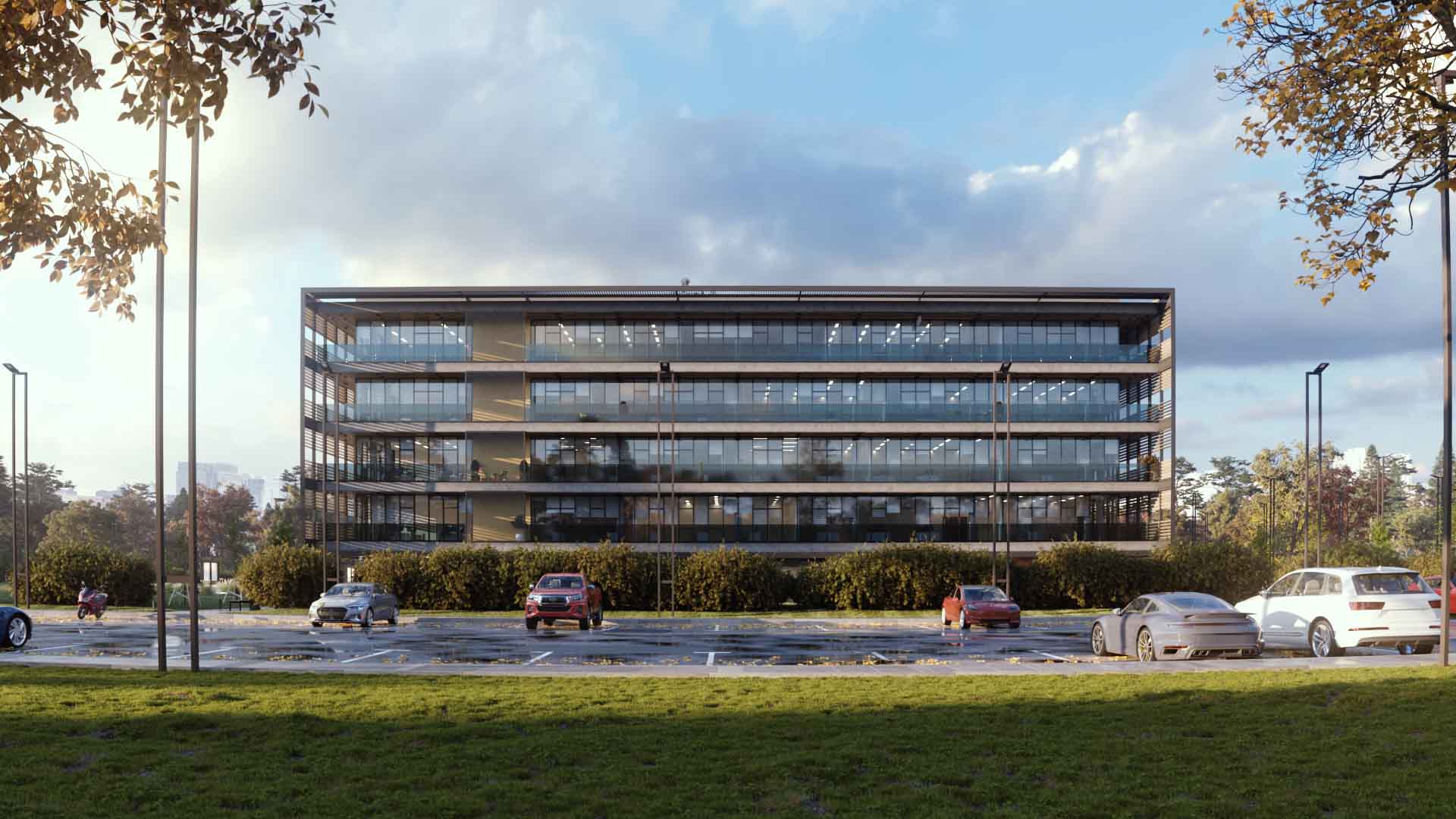 Modern glass commercial building with five floors and car park in front