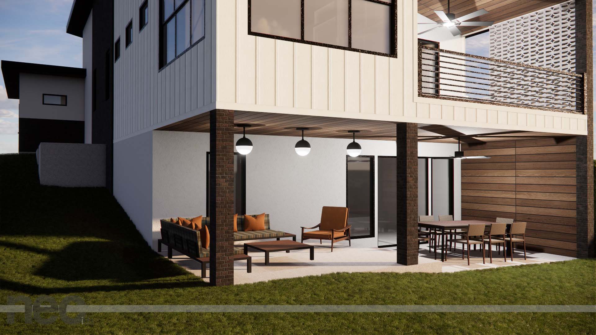 Enscape render of a residential backyard patio with seating and dining areas beneath an upper floor overhang.