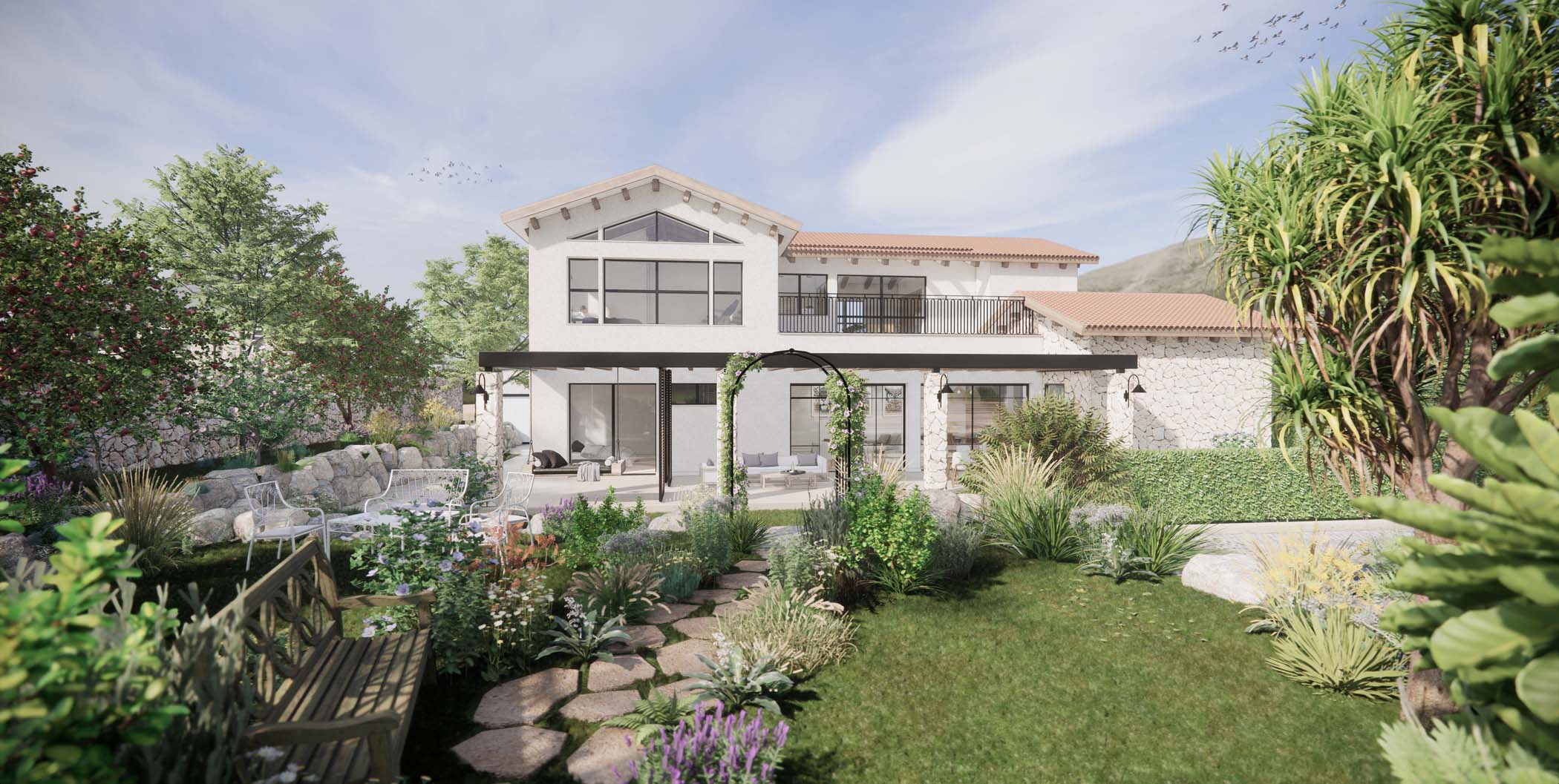 Enscape render of a mediterranean-style home with lush garden, patio seating, and stone pathways.