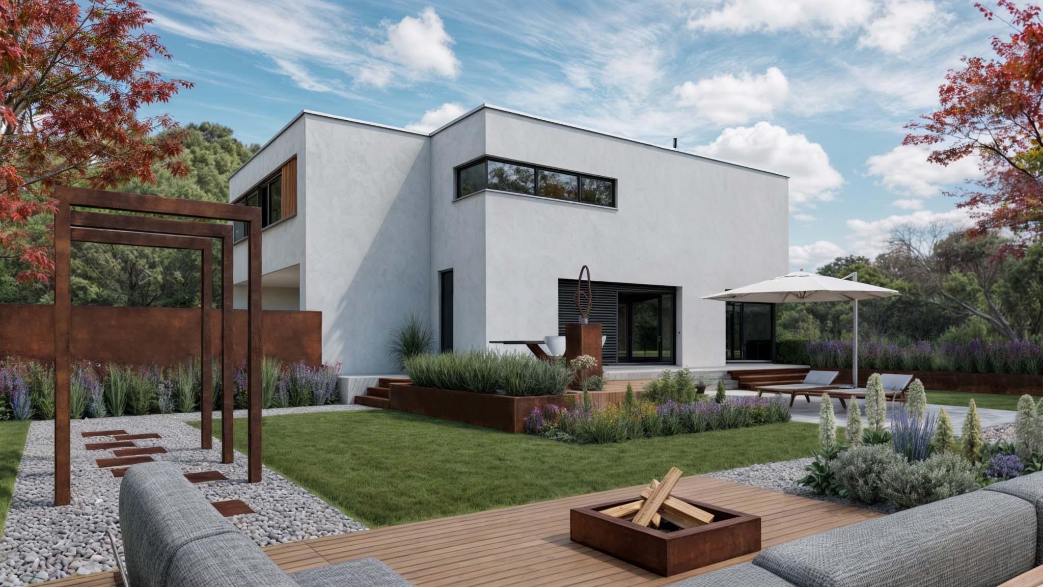 Enscape render of a minimalist white home with modern garden design, fire pit, and outdoor seating.