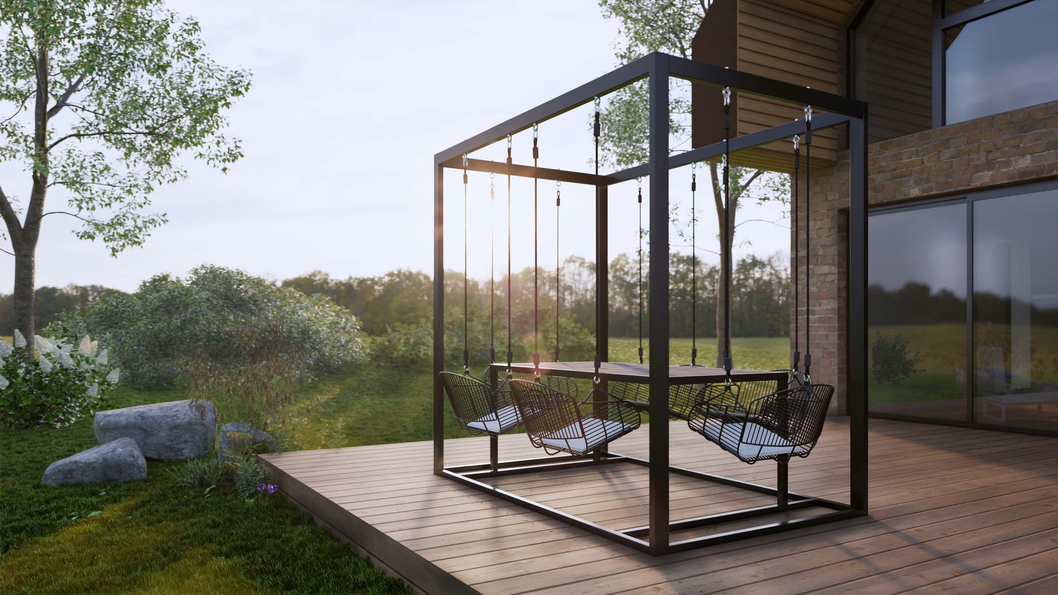 Enscape render of an outdoor seating structure with hanging chairs on a deck beside a modern home.