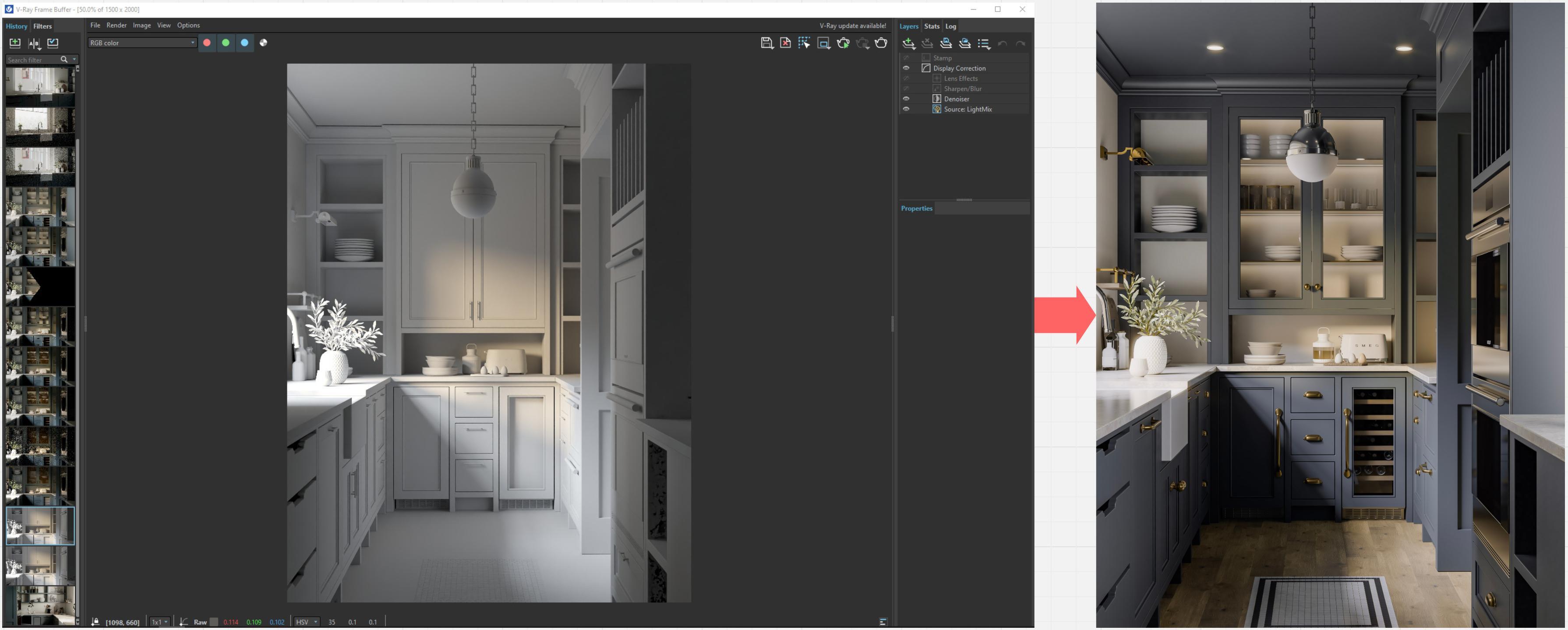 Kitchen visualization workflow—V-Ray LightMix/post effects on left, final shaded render on right by Ramsha Noaman
