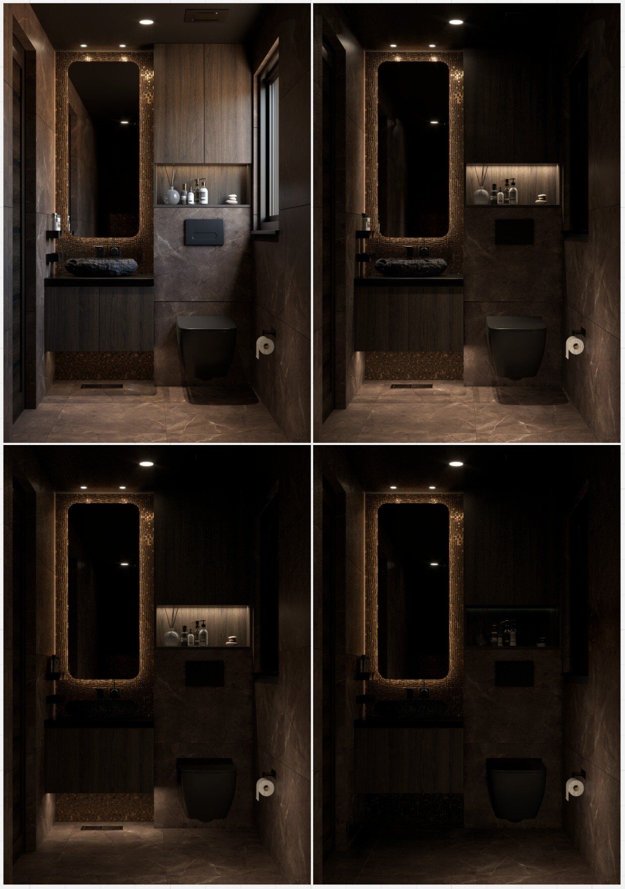 Collage of four bathroom renderings showing different lighting setups, designed by Ramsha Noaman