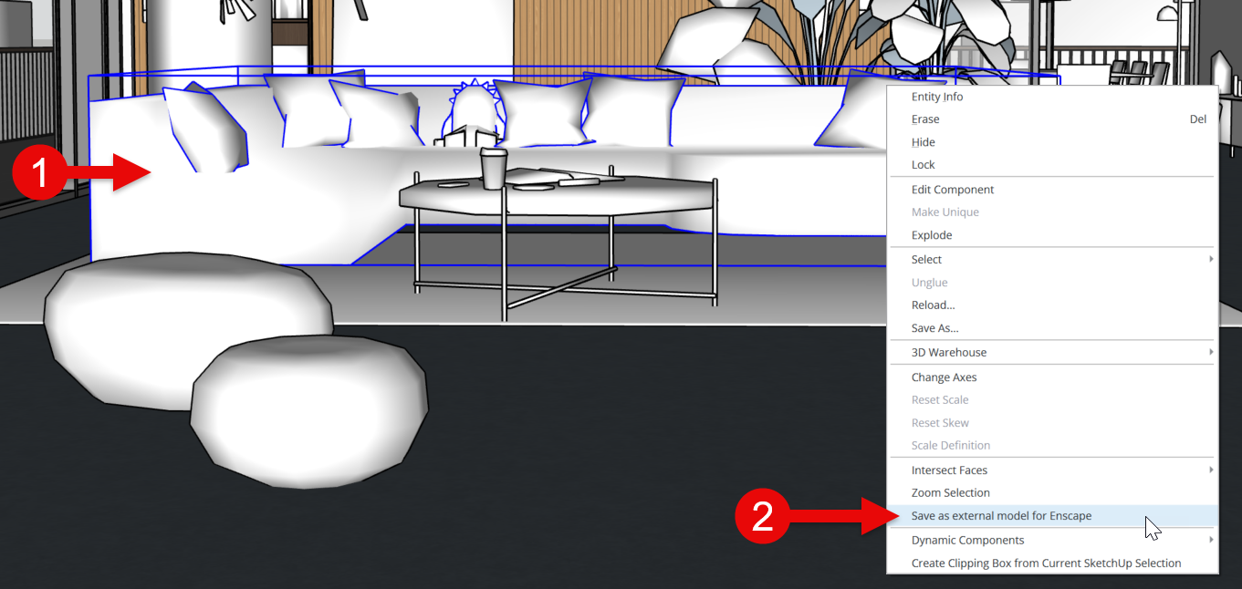 SketchUp interface showing right-click menu for “Save as external model for Enscape.”
