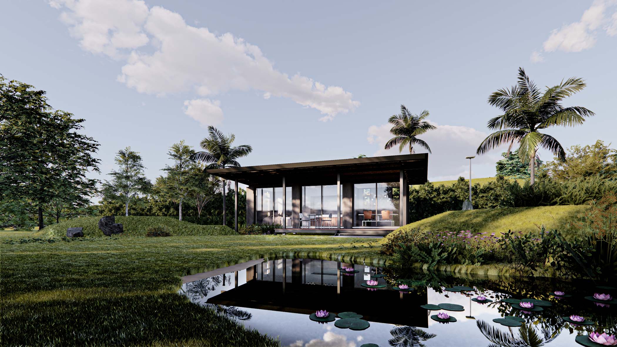 Enscape render of a single-story modern home reflected in a pond, surrounded by greenery and palm trees.