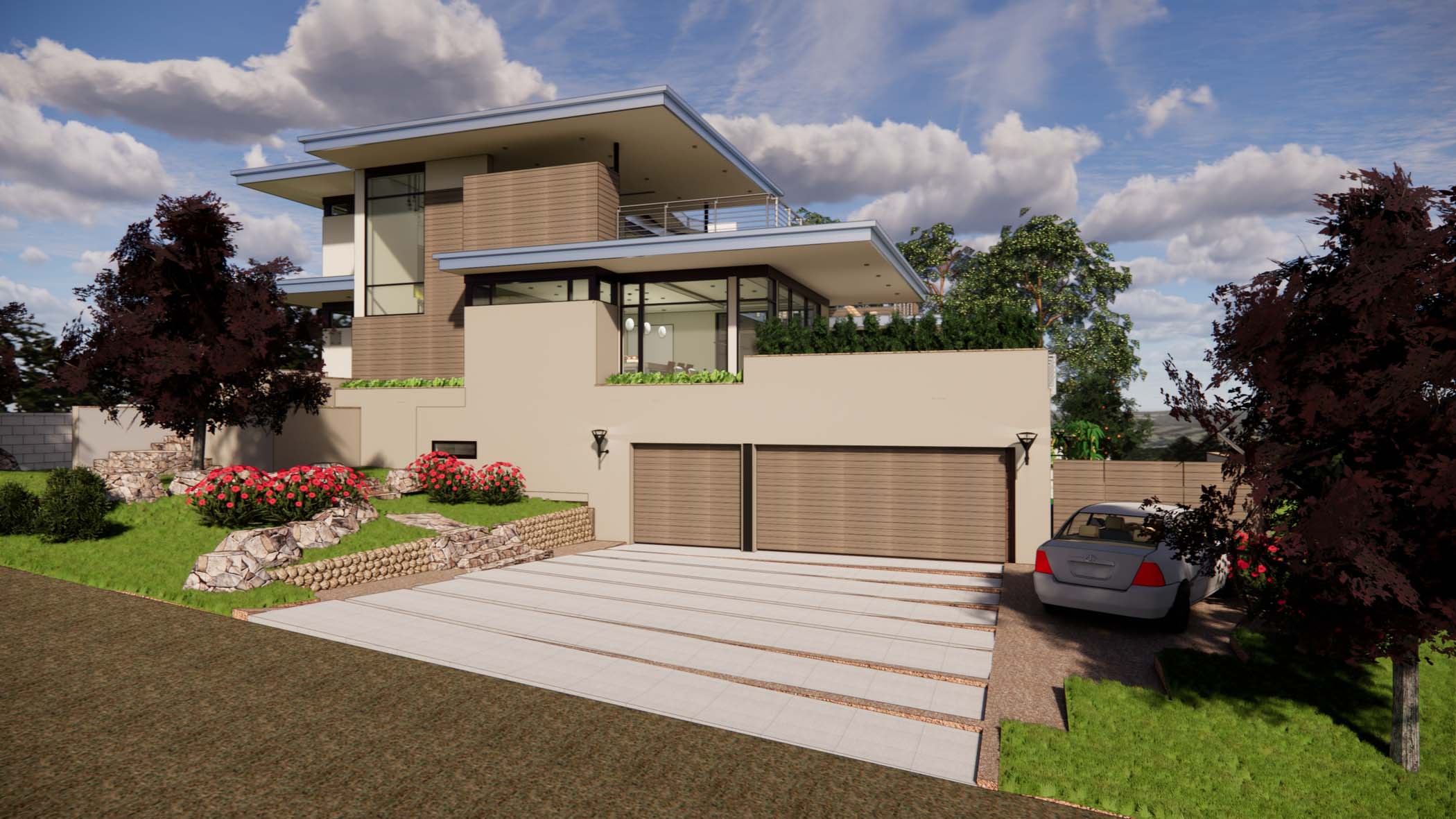 Enscape render of a contemporary multi-level home with garage, terraces, and landscaped driveway on a suburban slope.