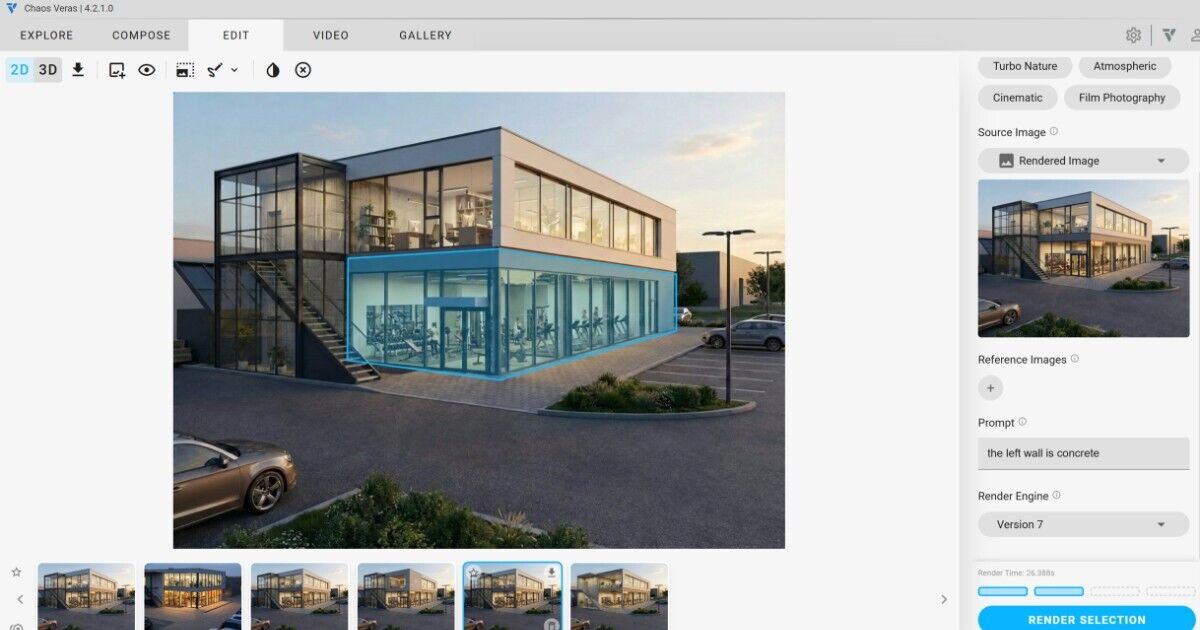 Interface entre o Revit e o Veras apresentando uma renderização gerada por IA de um edifício, com uma parte selecionada para alterações