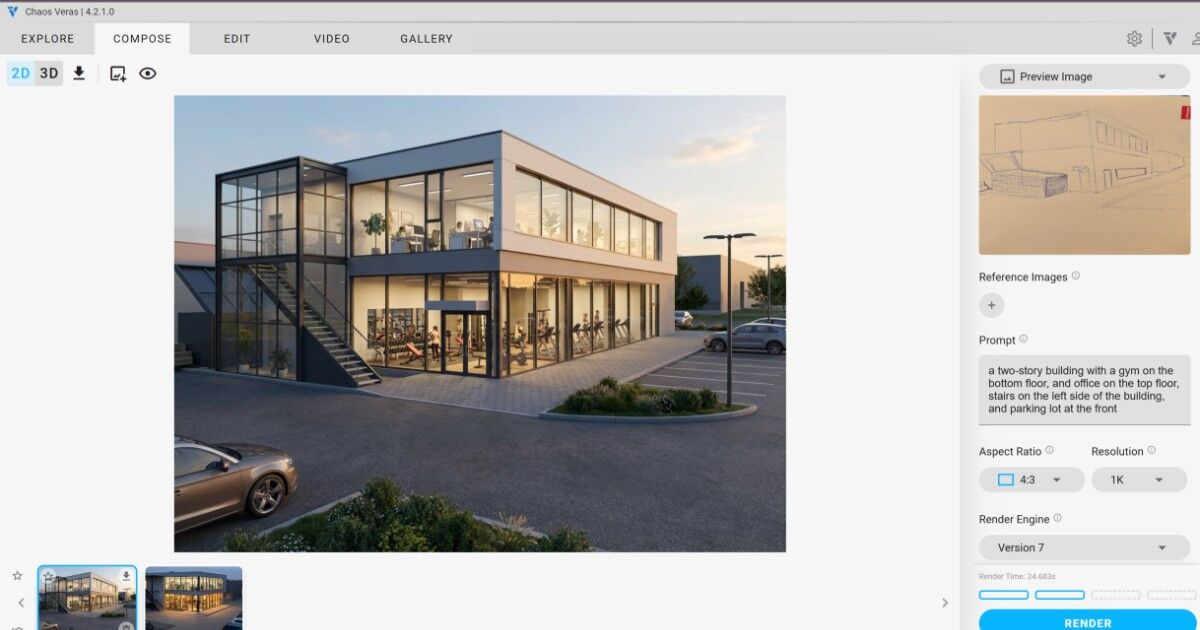 Captura de tela da interface do Revit + Veras mostrando uma renderização gerada por IA a partir de um esboço