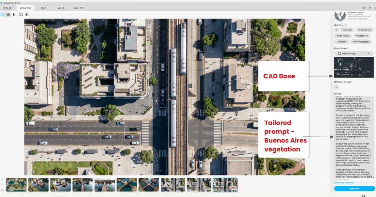 Interface do Revit e do Veras exibindo uma vista aérea da cidade com vegetação geográfica personalizada