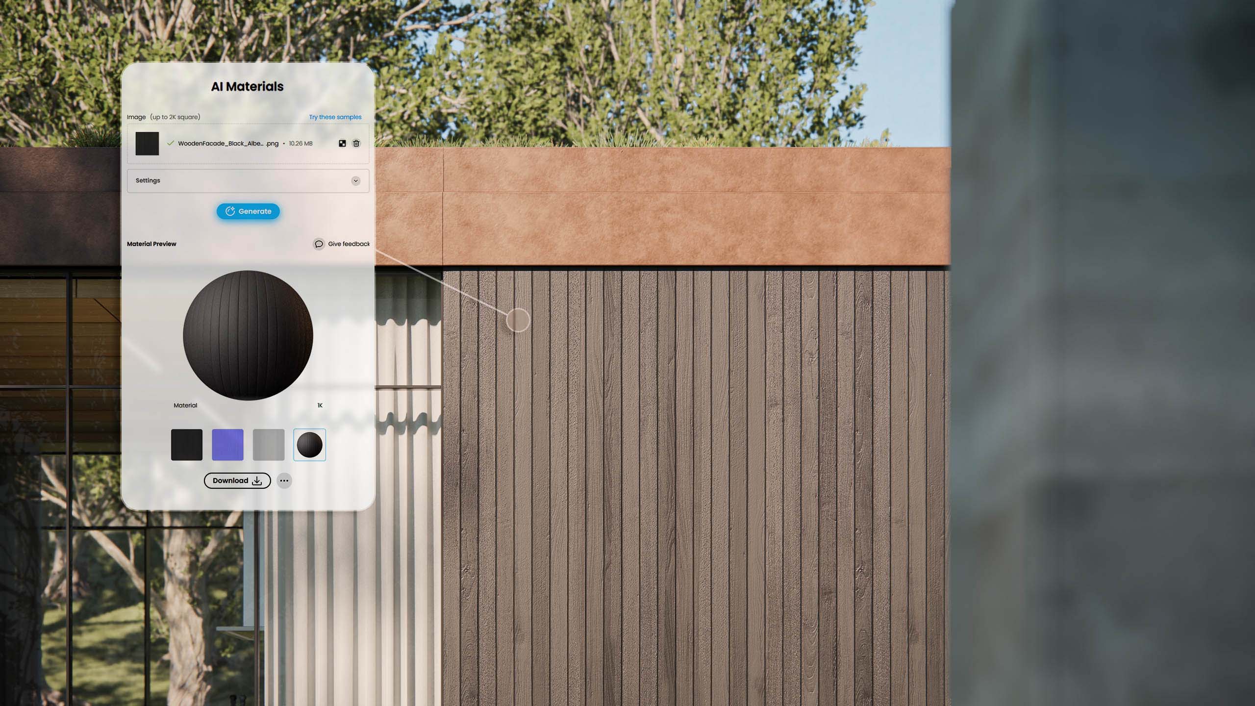 Enscape render of a close-up of wood siding on a building with an 
