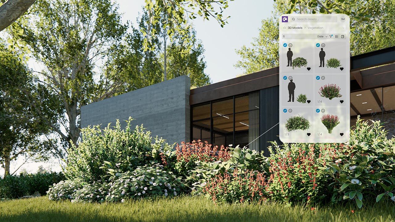 Enscape render of a ground-level view of garden shrubs and trees with the Cosmos 3D asset library menu for selecting vegetation.