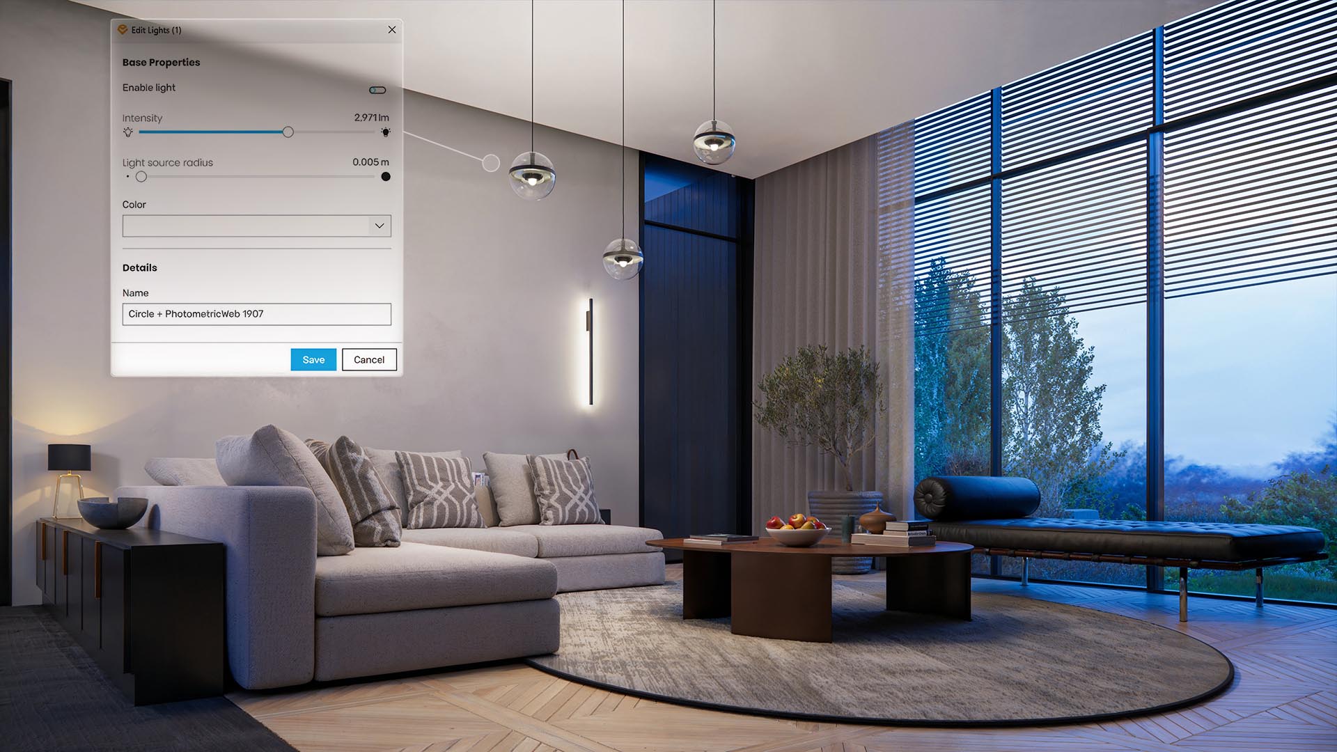 Enscape render of a modern living room interior with an 