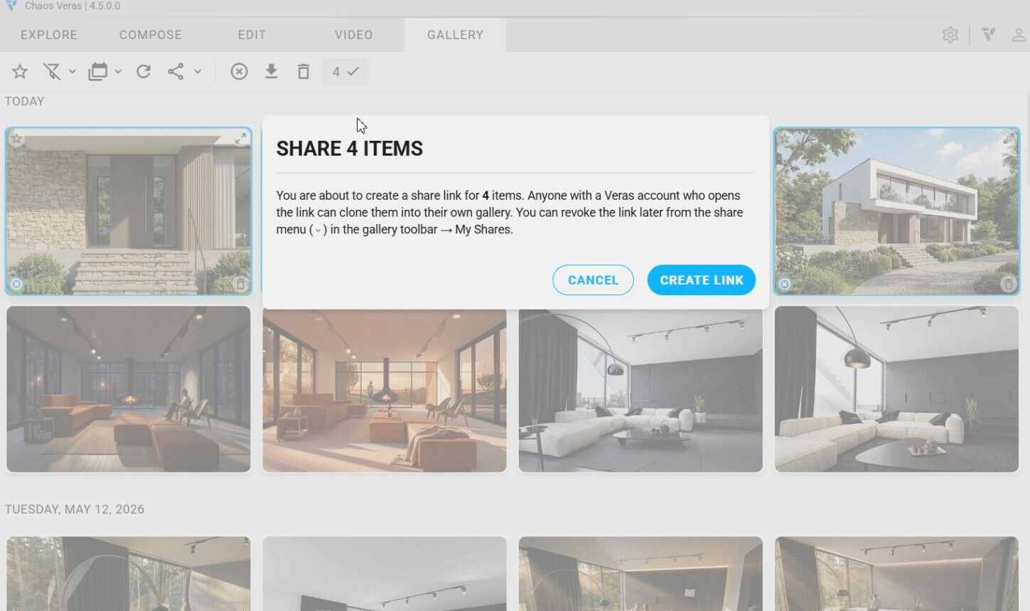 Chaos Veras 4.5 Gallery tab showing Share 4 Items dialog with Create Link option for sharing renders.
