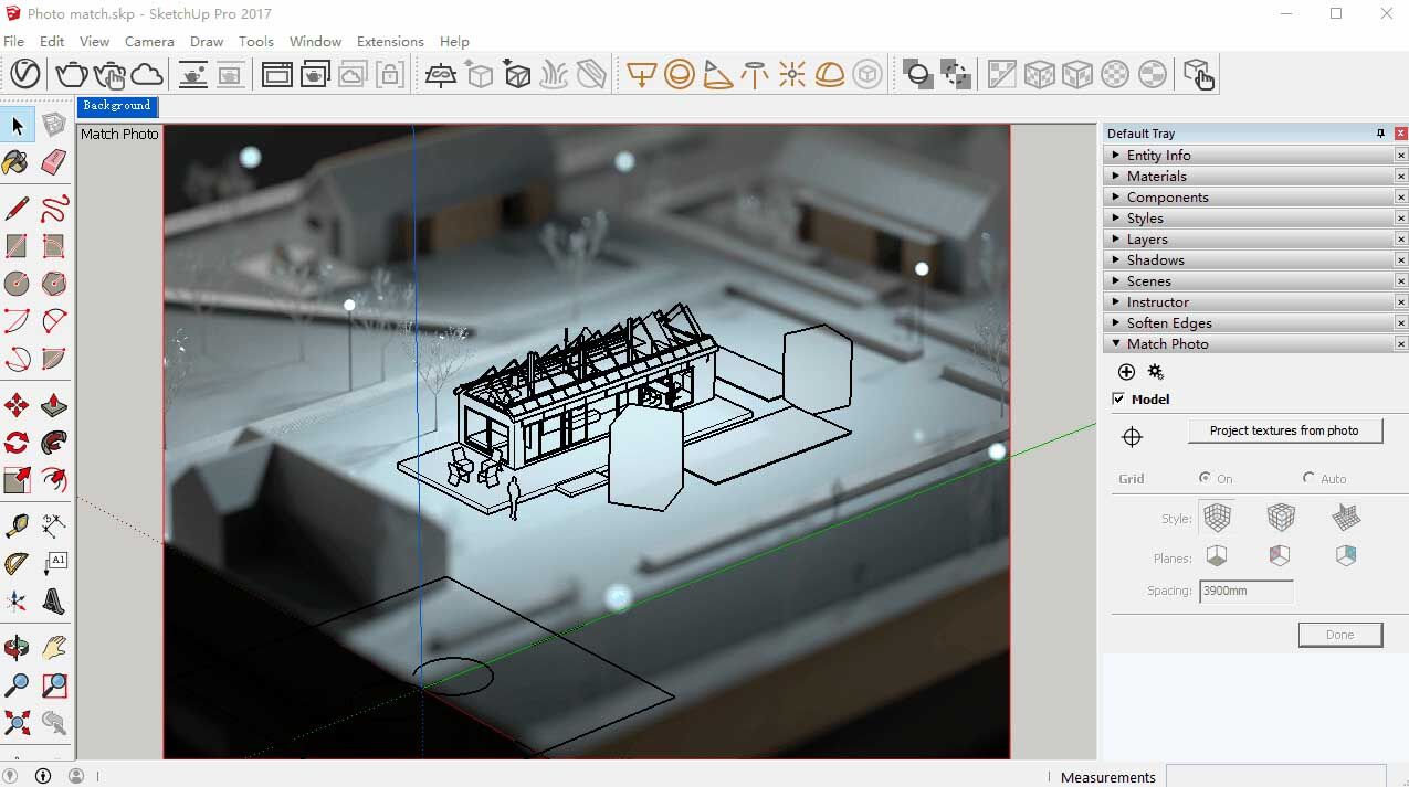 SketchUp Pro 2017 interface showing a matched photo background with an overlaid 3D model of a detailed house structure, including roof framing and human figures for scale.