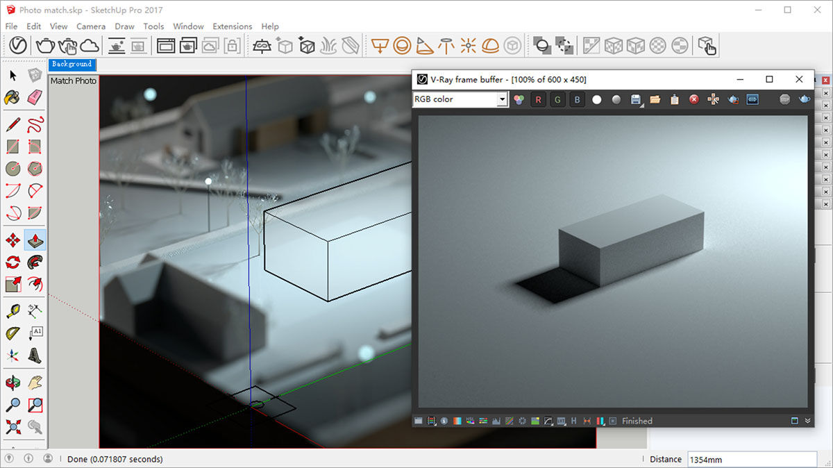 SketchUp Pro 2017 interface showing a matched photo view with a rectangular 3D model, alongside the V-Ray frame buffer window displaying a rendered image of the same model with lighting and shadows.