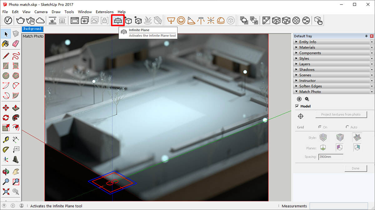 SketchUp Pro 2017 interface showing an architectural model with the Infinite Plane tool highlighted in the toolbar and the Default Tray options open on the right.