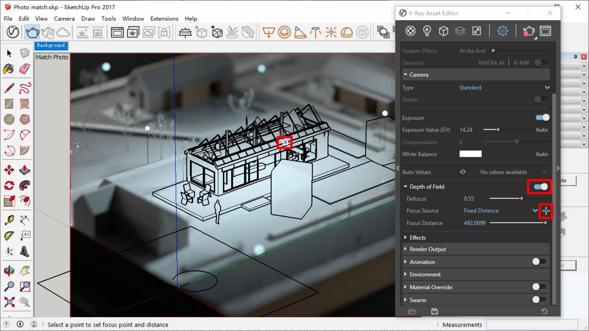 SketchUp Pro 2017 interface with a house model overlay, showing V-Ray Asset Editor camera settings on the right, where Depth of Field is enabled and focus point selected on the model.
