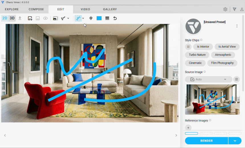 haos Veras 4.5 Edit tab showing freehand blue brush strokes drawn over a modern interior render.